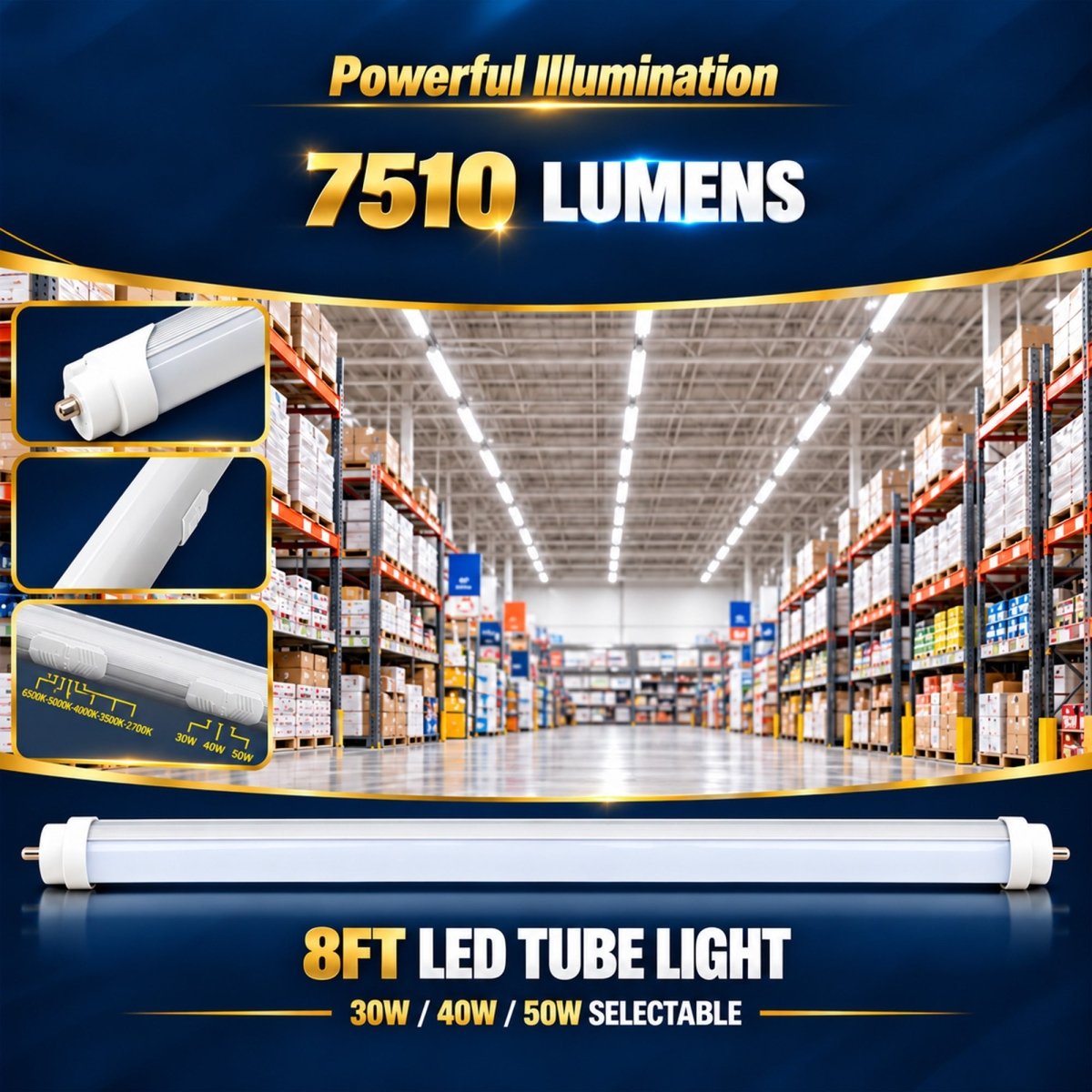8FT LED Tube Light, 30W/40W/50W Selectable, 6CCT Selectable, 7510 Lumens, Milky Lens, ETL & DLC - LEDMyPlace