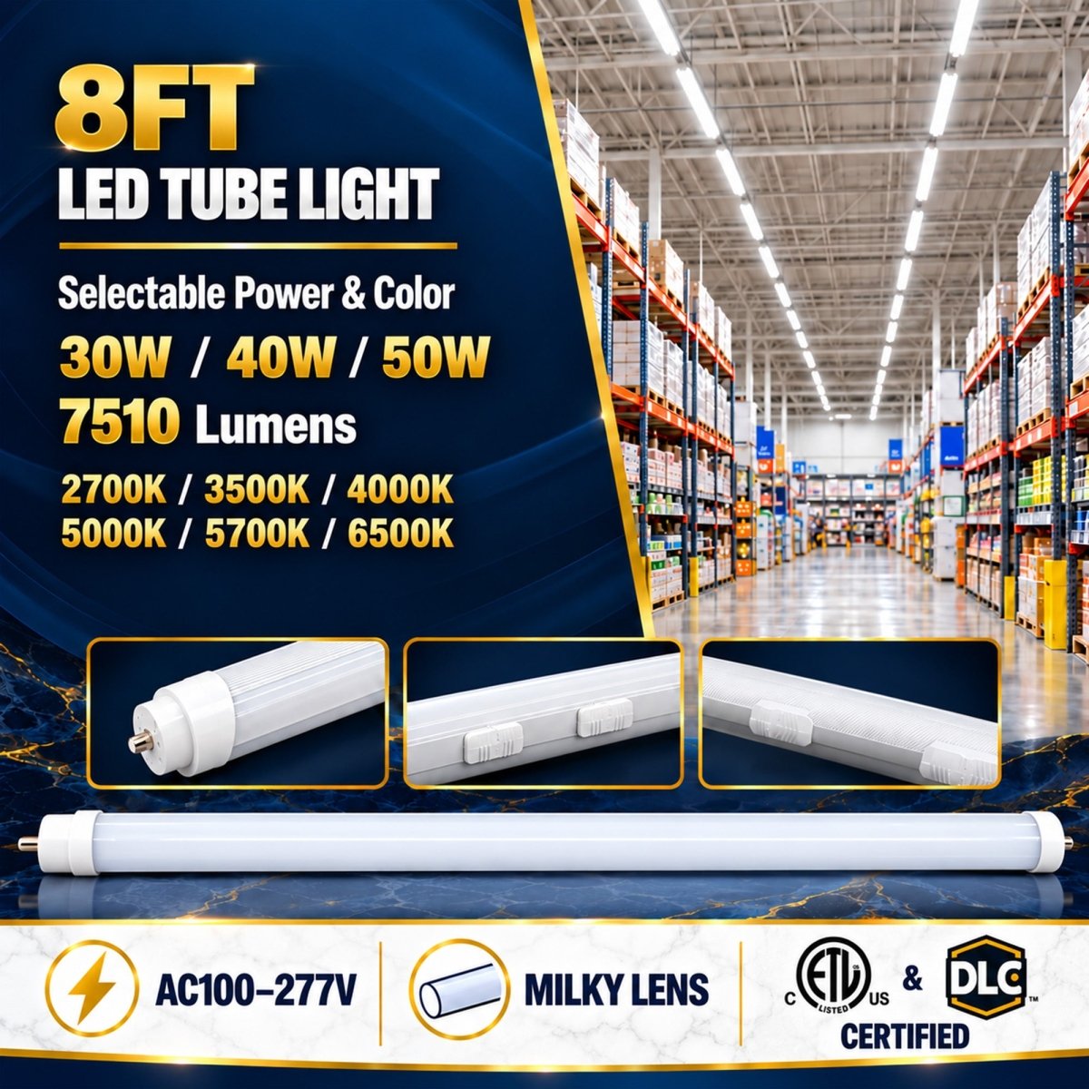 8FT LED Tube Light, 30W/40W/50W Selectable, 6CCT Selectable, 7510 Lumens, Milky Lens, ETL & DLC - LEDMyPlace