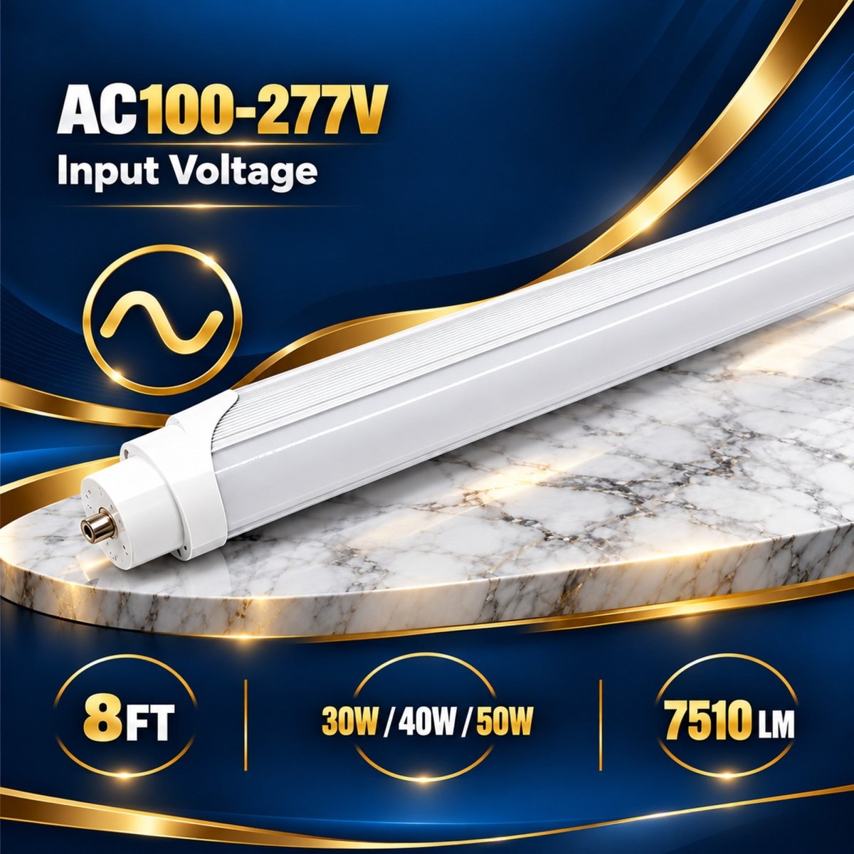 8FT LED Tube Light, 30W/40W/50W Selectable, 6CCT Selectable, 7510 Lumens, Milky Lens, ETL & DLC - LEDMyPlace