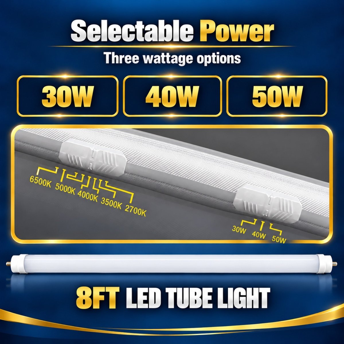 8FT LED Tube Light, 30W/40W/50W Selectable, 6CCT Selectable, 7510 Lumens, Milky Lens, ETL & DLC - LEDMyPlace
