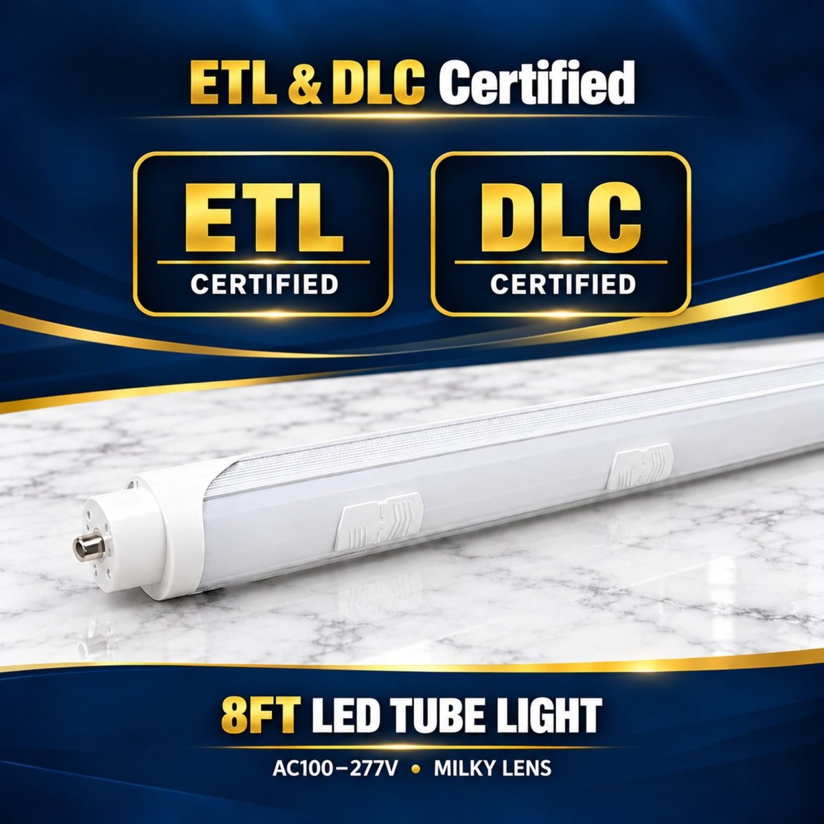 8FT LED Tube Light, 30W/40W/50W Selectable, 6CCT Selectable, 7510 Lumens, Milky Lens, ETL & DLC - LEDMyPlace