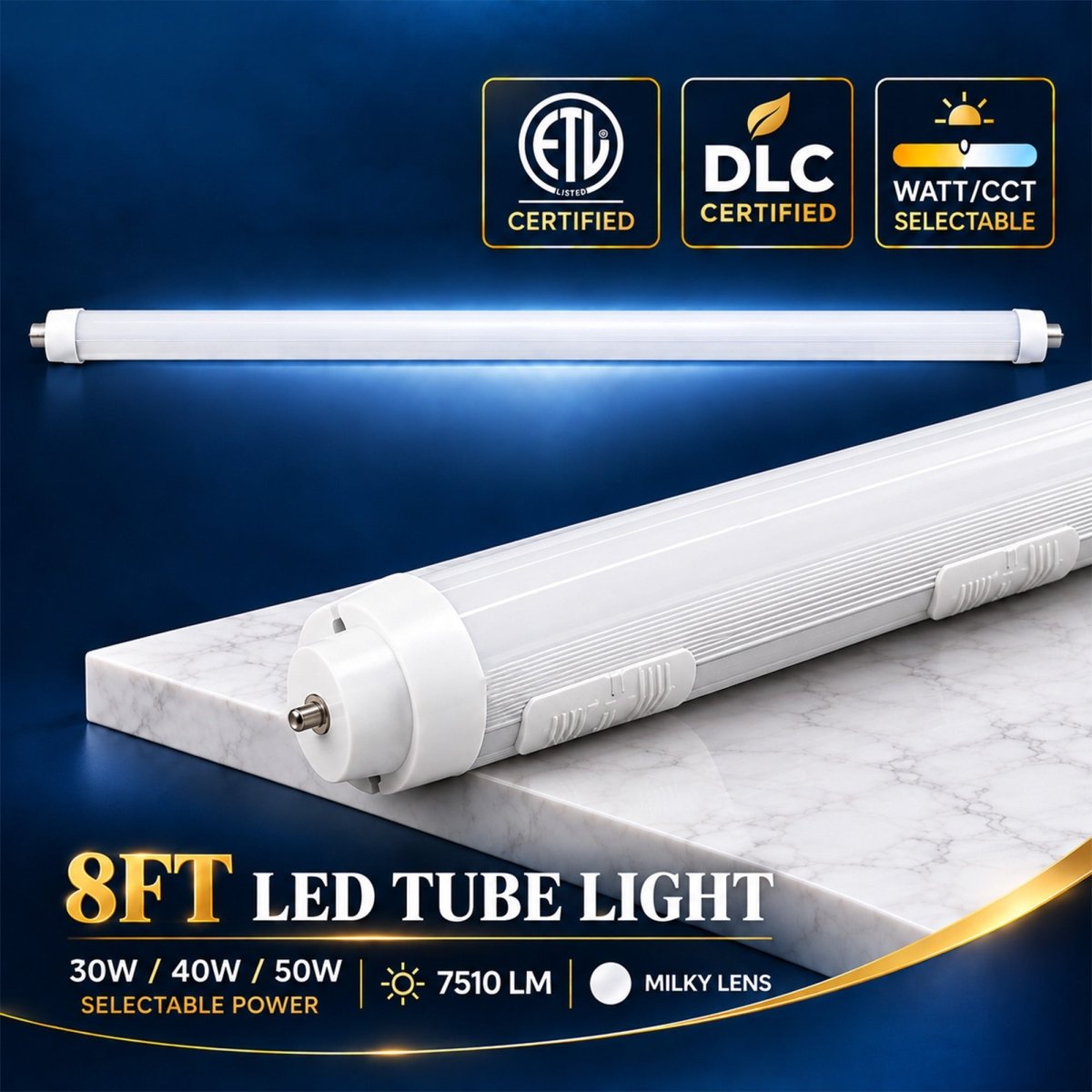 8FT LED Tube Light, 30W/40W/50W Selectable, 6CCT Selectable, 7510 Lumens, Milky Lens, ETL & DLC - LEDMyPlace