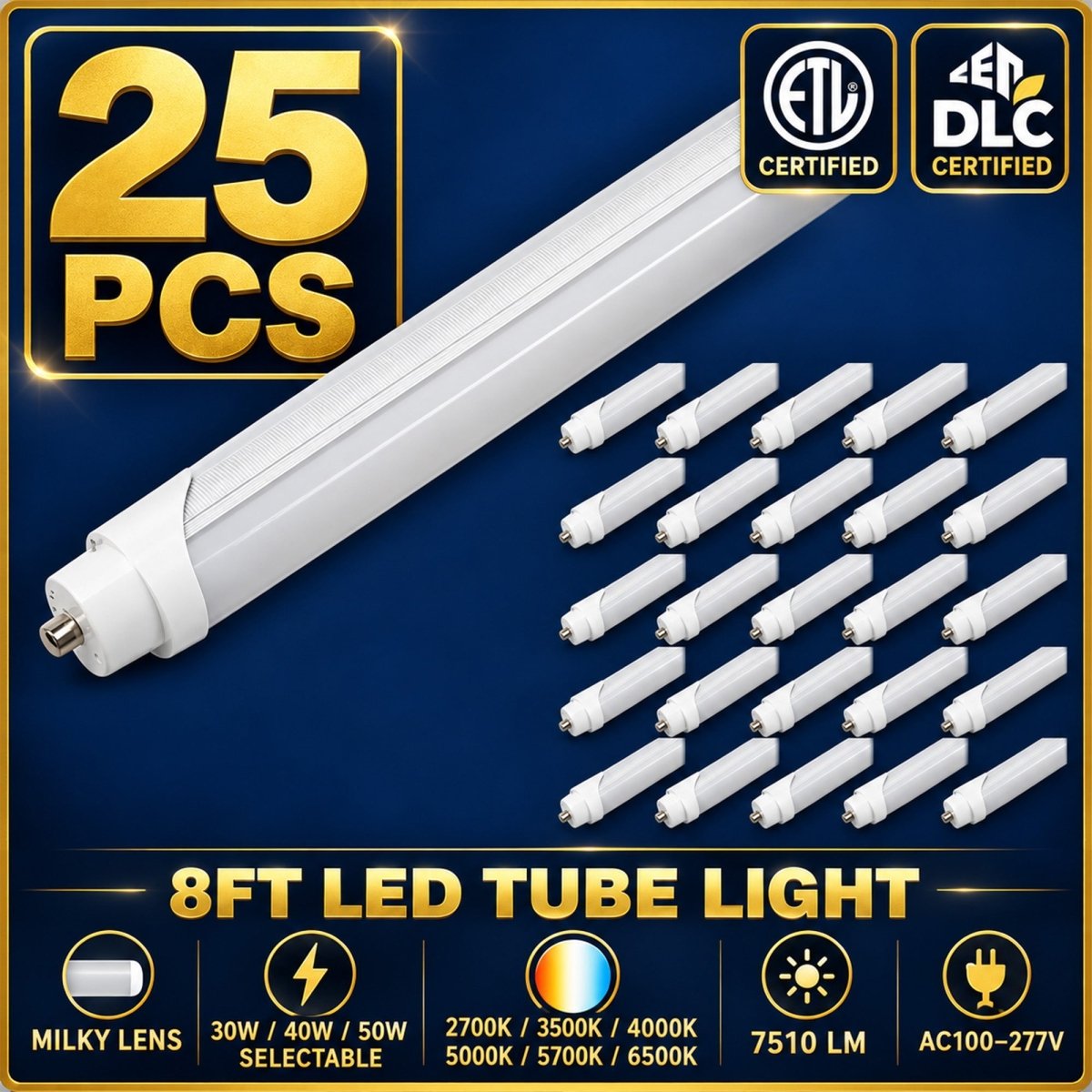 8FT LED Tube Light, 30W/40W/50W Selectable, 6CCT Selectable, 7510 Lumens, Milky Lens, ETL & DLC - LEDMyPlace