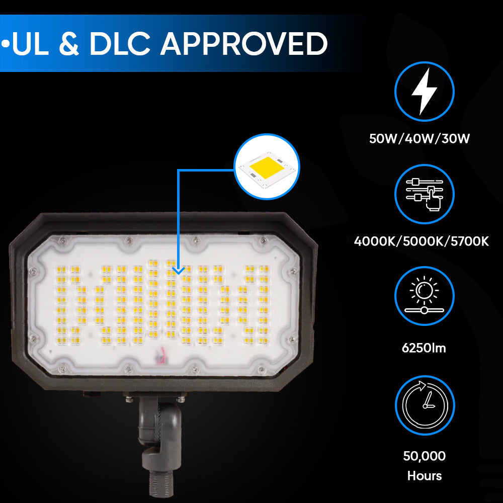 50W/40W/30W Watt Adjustable LED Flood Light Outdoor 4000K/5000K/5700K CCT Changeable, Knuckle Mount, UL & DLC 5.1 Premium, Bronze, IP65, For Gardens, Court, Lawn, Patio as well as LED Security Light