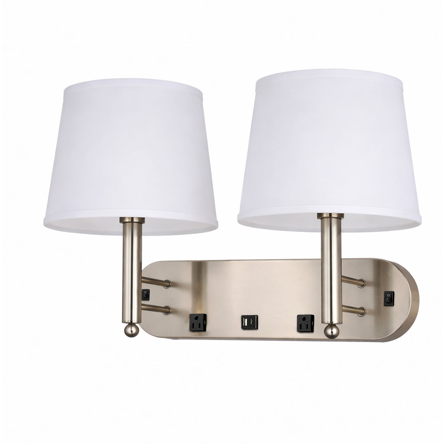 24"W x 16"H Double Wall Lamp with White Linen Shades – Plated Brushed Nickel Finish - 2 Pack