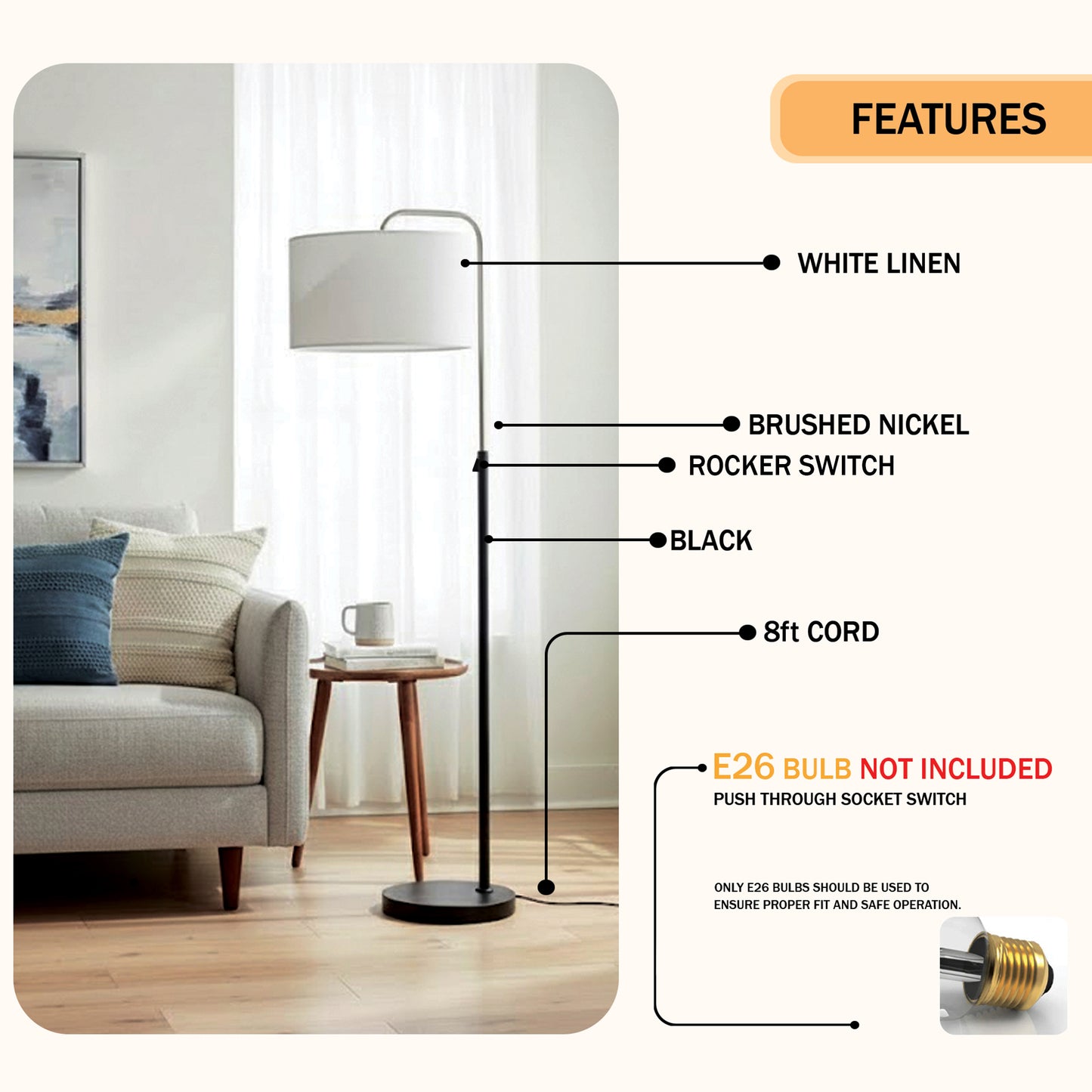 15″W x 60″H Floor Lamp with White Linen Shade – Black or Brushed Nickel Finish - 2 Pack