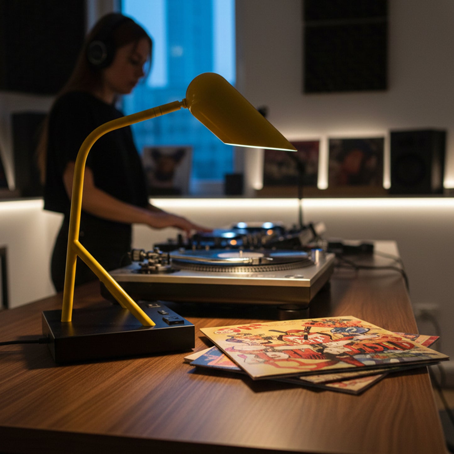 6.25″W x 16.2″H Black/Yellow Table Lamp with E12 Socket, Outlet, and USB Ports