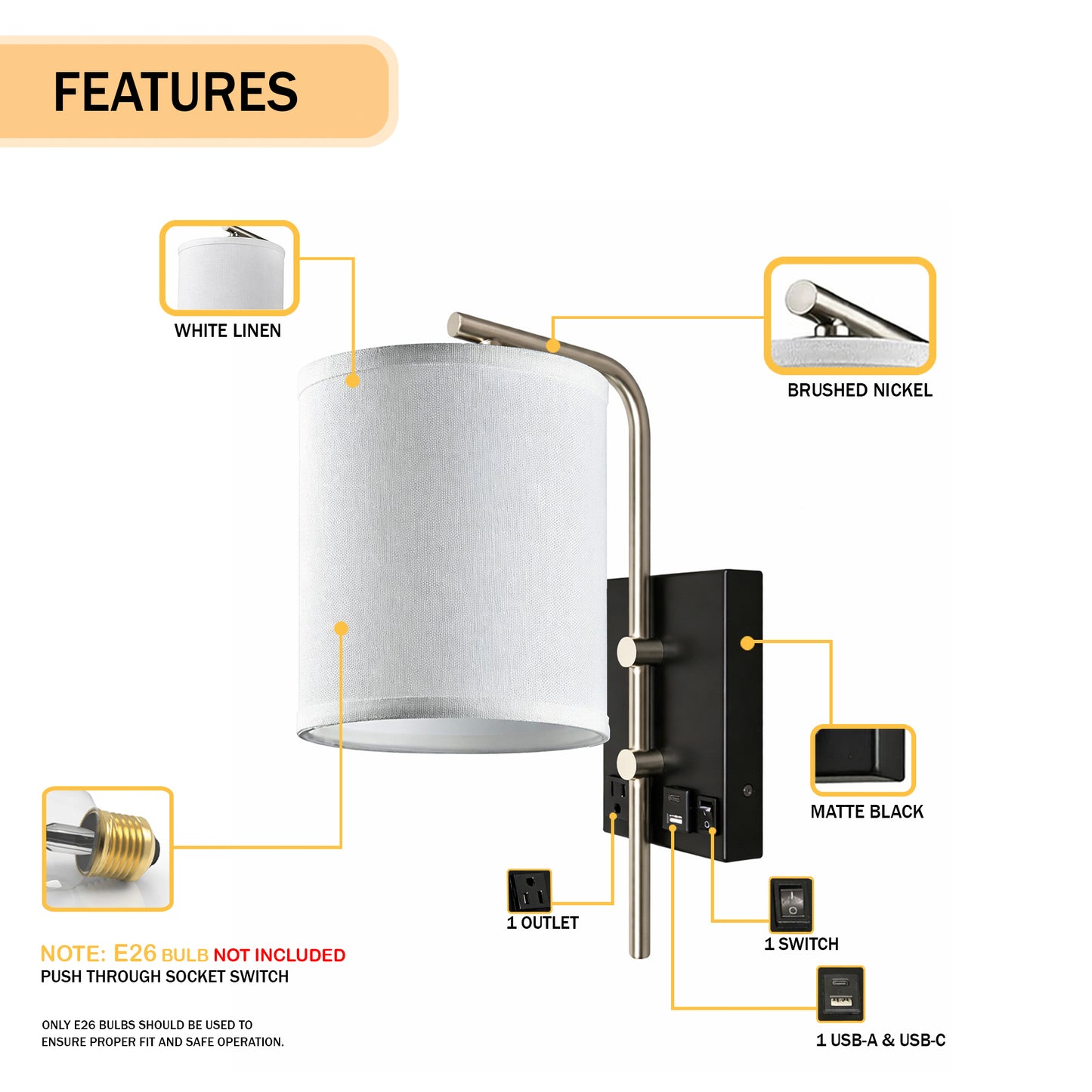 6″W x 13″H Single Wall Lamp with White Linen Shade – Matte Black or Brushed Nickel Finish - 4 Pack