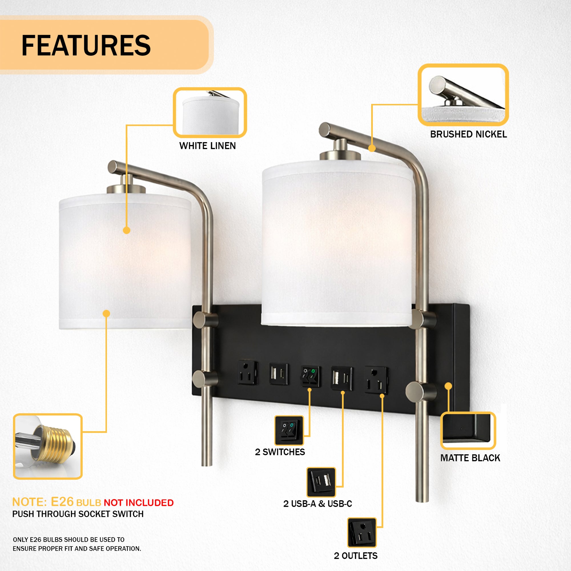 17.5″W x 13″H Double Wall Lamp with White Linen Shades – Matte Black or Brushed Nickel Finish - 2 Pack