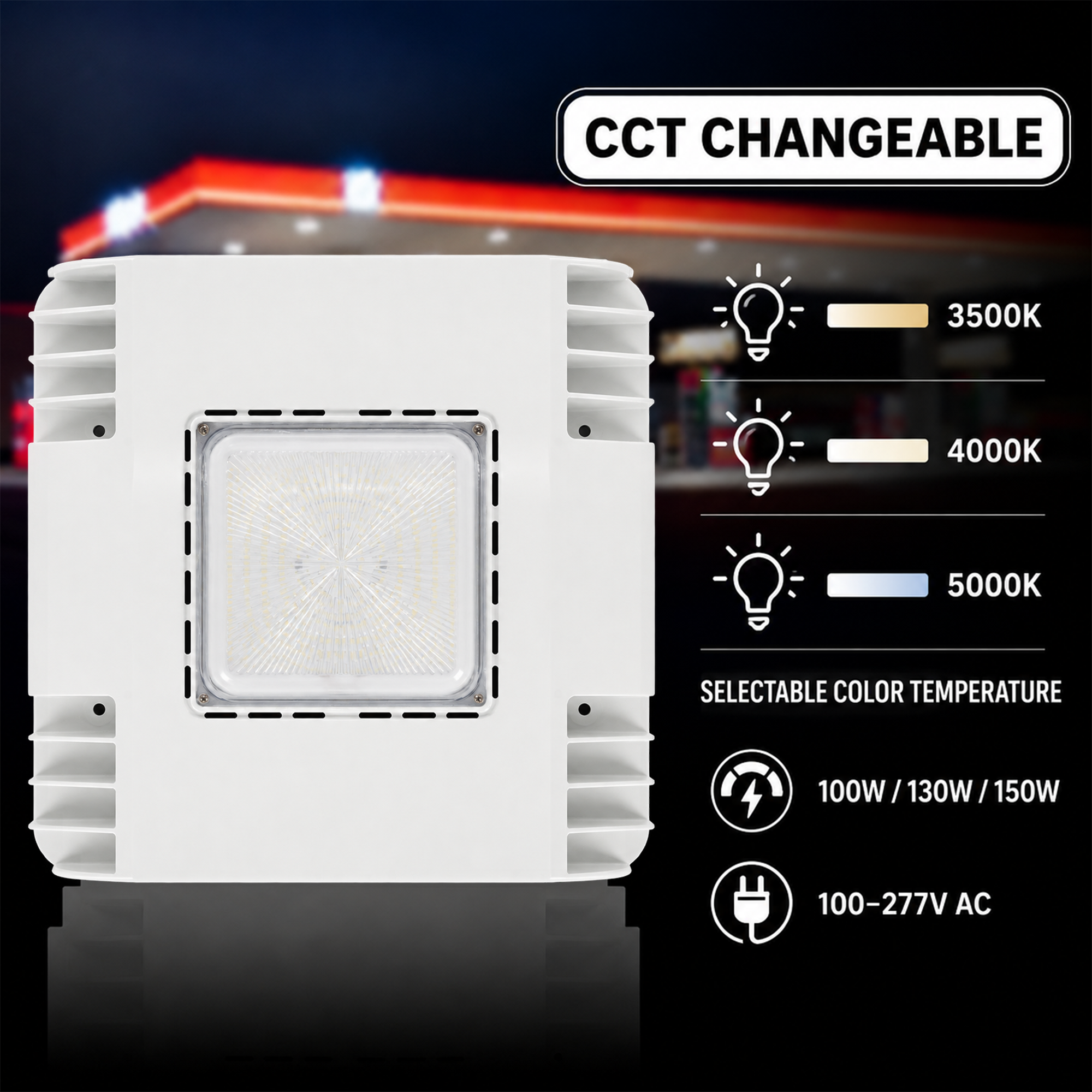 150/130/100 Watt LED Canopy Light, 3500K/4000K /5000K, 13,000/16,900 /19,500LM, AC100-277V, DLC Premium Recessed Surface Mount, For High Bay Carport, Gas Stations, Indoor Parking, Underpasses, Loading Docks, Outdoor Area Light
