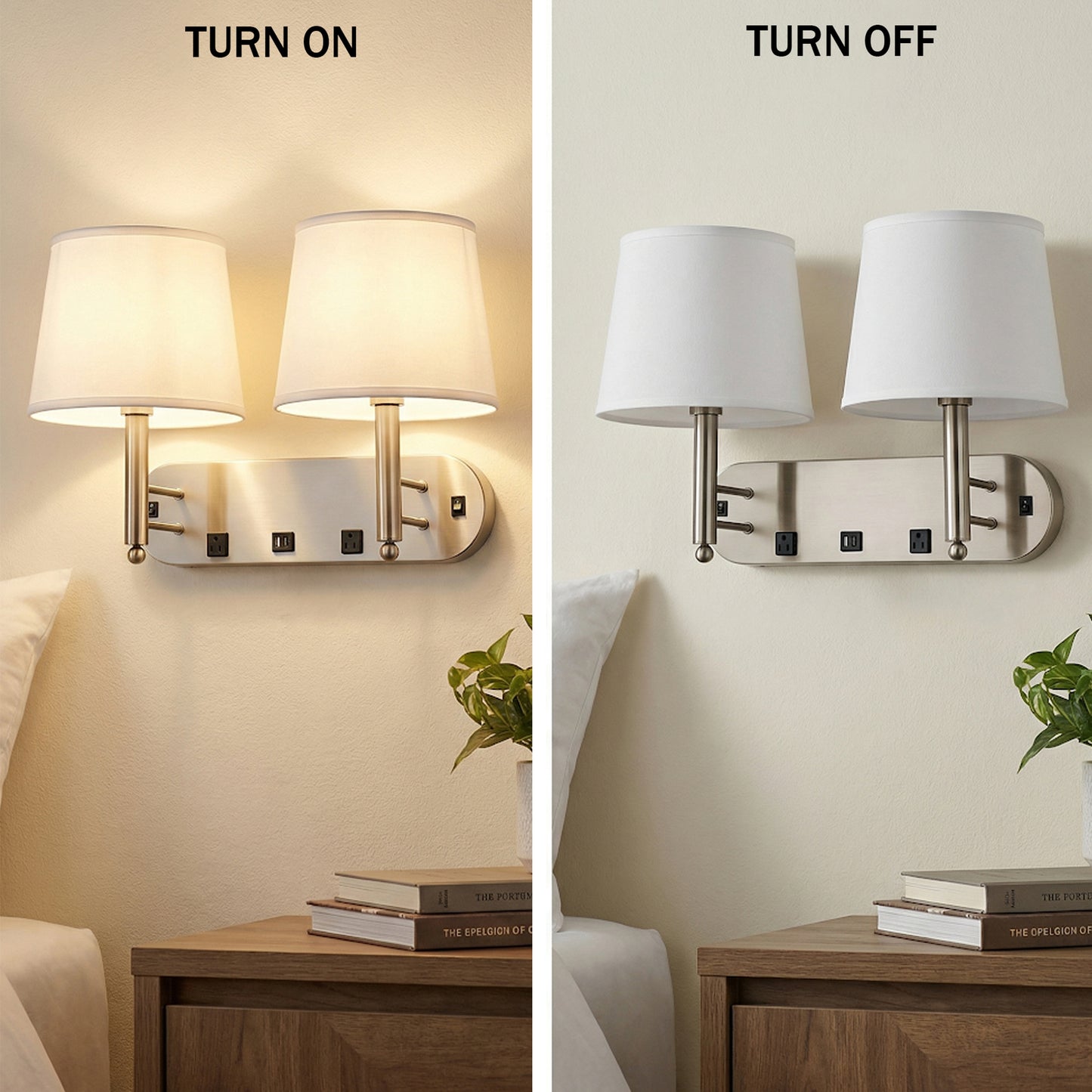 24"W x 16"H Double Wall Lamp with White Linen Shades – Plated Brushed Nickel Finish - 2 Pack