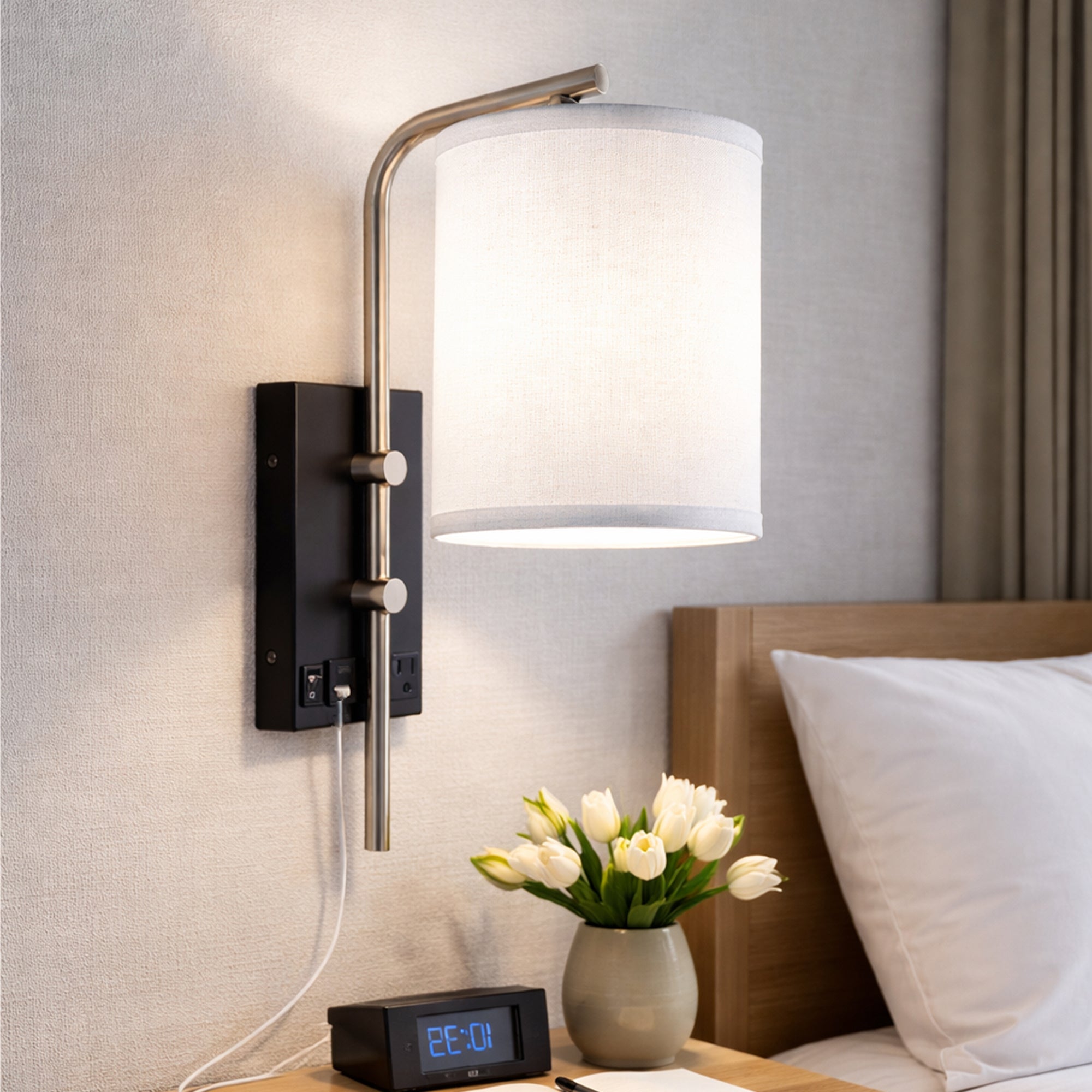 6″W x 13″H Single Wall Lamp with White Linen Shade – Matte Black or Brushed Nickel Finish - 4 Pack