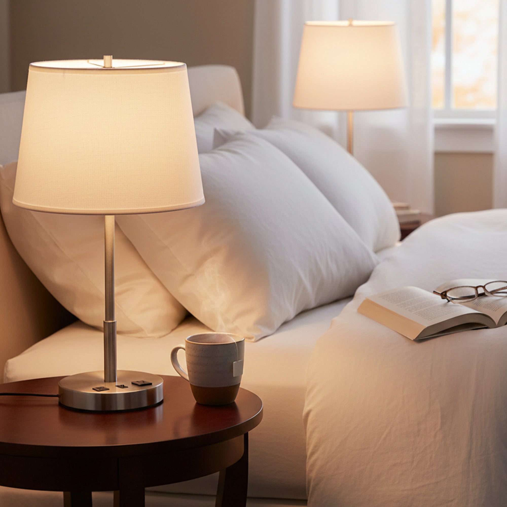 14" Dia x 24.5"H Modern Table Lamp with White Linen Shade – Brushed Nickel Finish - 4 Pack