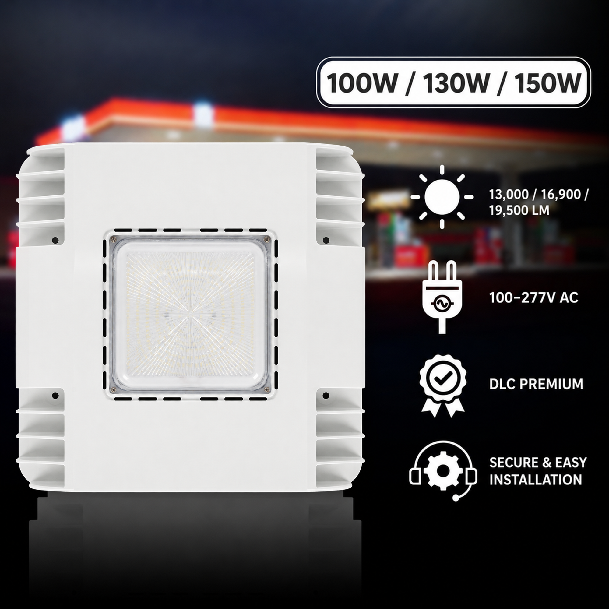 150/130/100 Watt LED Canopy Light, 3500K/4000K /5000K, 13,000/16,900 /19,500LM, AC100-277V, DLC Premium Recessed Surface Mount, For High Bay Carport, Gas Stations, Indoor Parking, Underpasses, Loading Docks, Outdoor Area Light