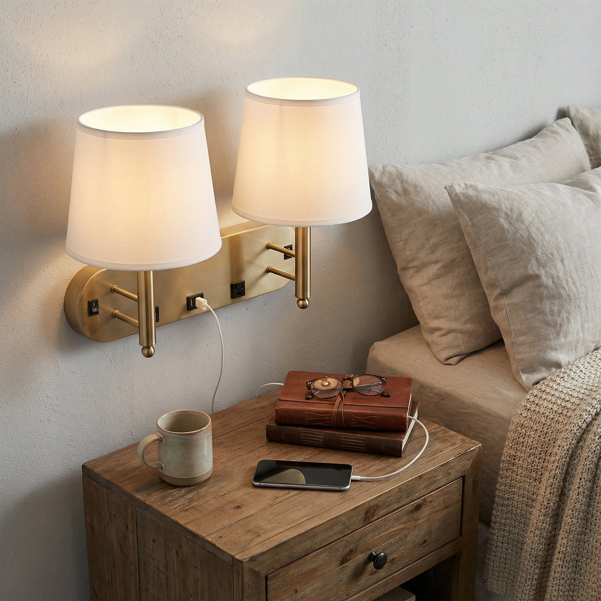 24"W x 16"H Double Wall Lamp with White Linen Shades – Plated Brushed Nickel Finish - 2 Pack