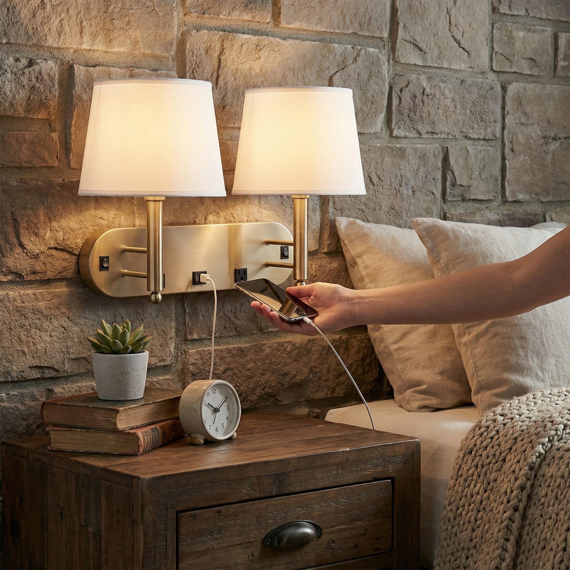 24"W x 16"H Double Wall Lamp with White Linen Shades – Plated Brushed Nickel Finish - 2 Pack