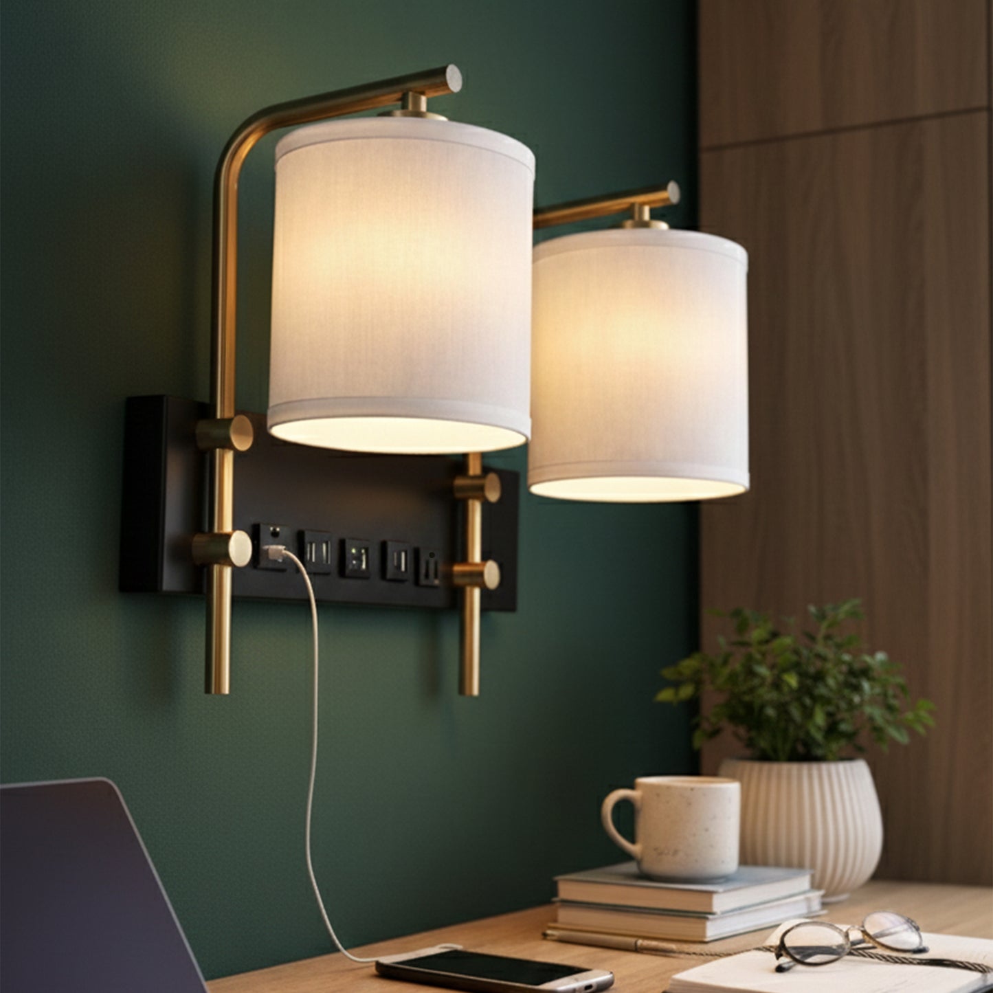 17.5″W x 13″H Double Wall Lamp with White Linen Shades – Matte Black or Brushed Nickel Finish - 2 Pack