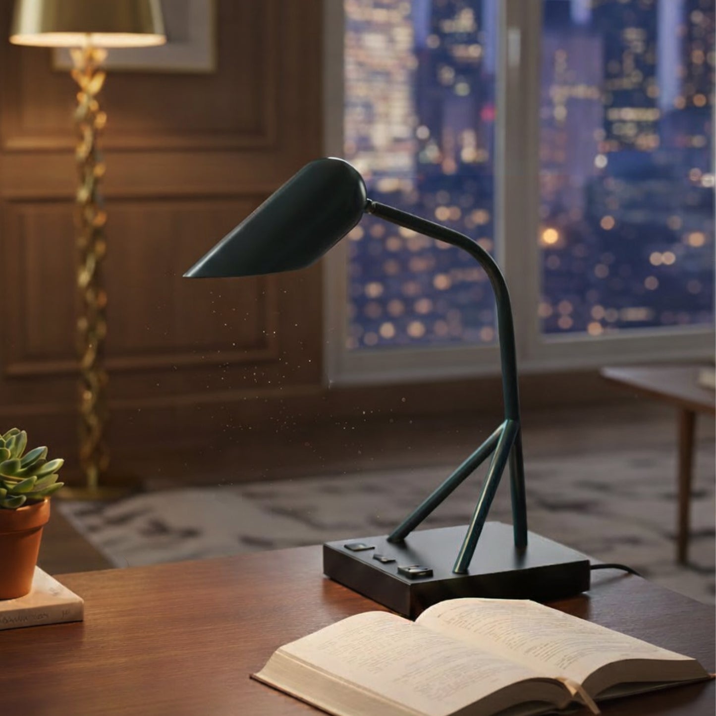 6.25″W x 16.2″H Black/Blue Table Lamp with E12 Socket, Outlet, and USB Ports