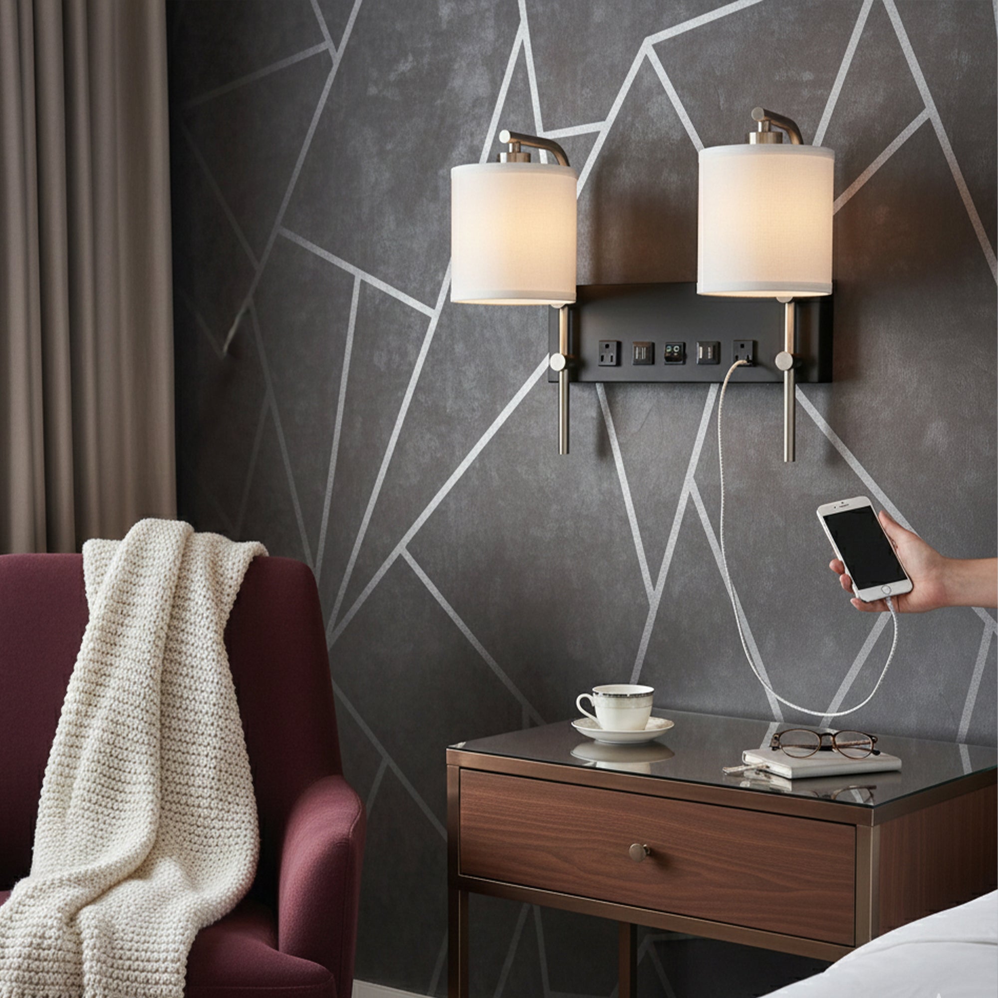 17.5″W x 13″H Double Wall Lamp with White Linen Shades – Matte Black or Brushed Nickel Finish - 2 Pack