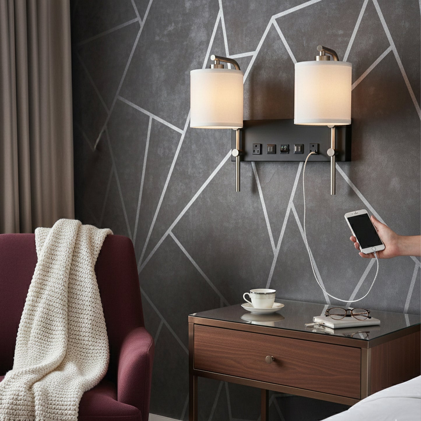 17.5″W x 13″H Double Wall Lamp with White Linen Shades – Matte Black or Brushed Nickel Finish - 2 Pack