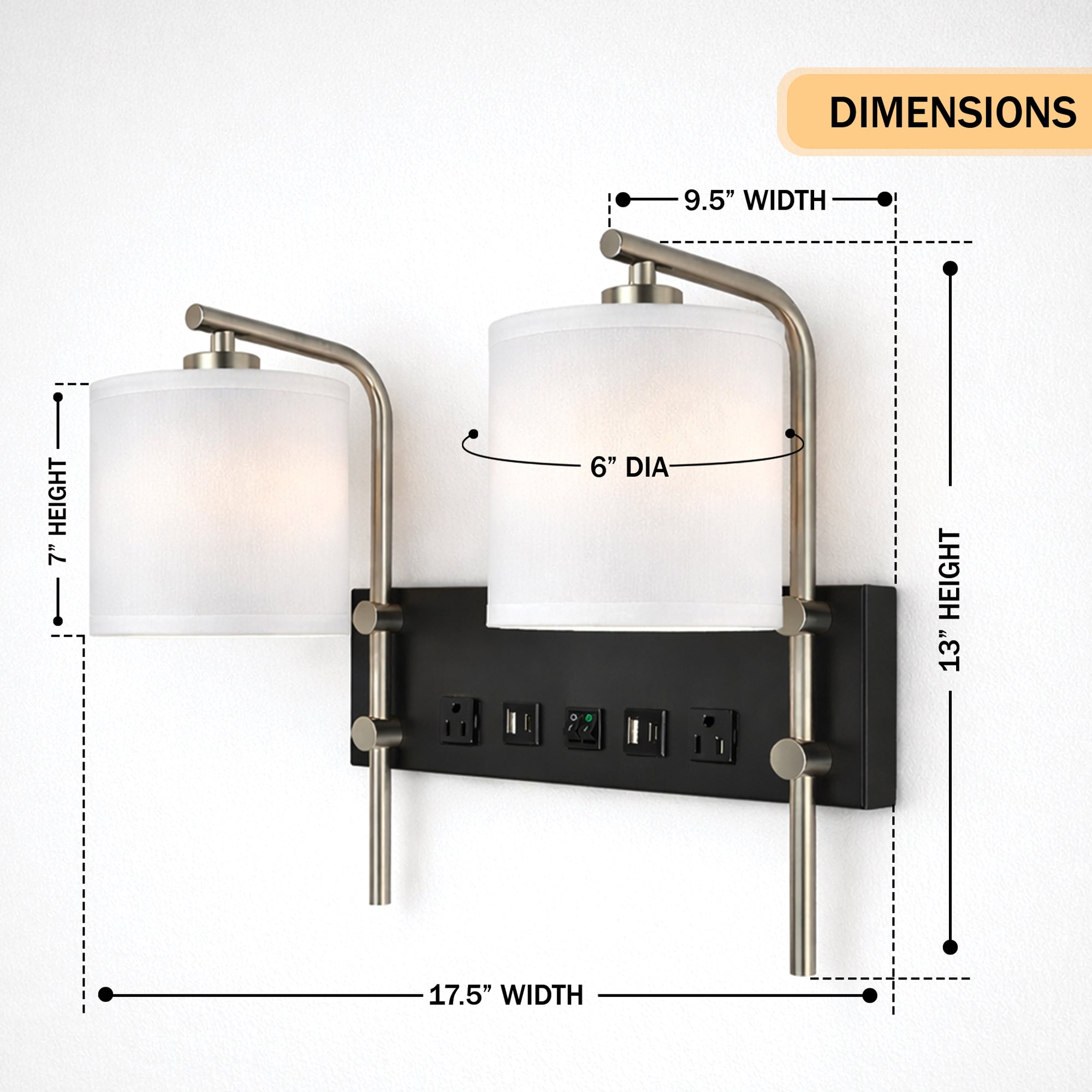 17.5″W x 13″H Double Wall Lamp with White Linen Shades – Matte Black or Brushed Nickel Finish - 2 Pack