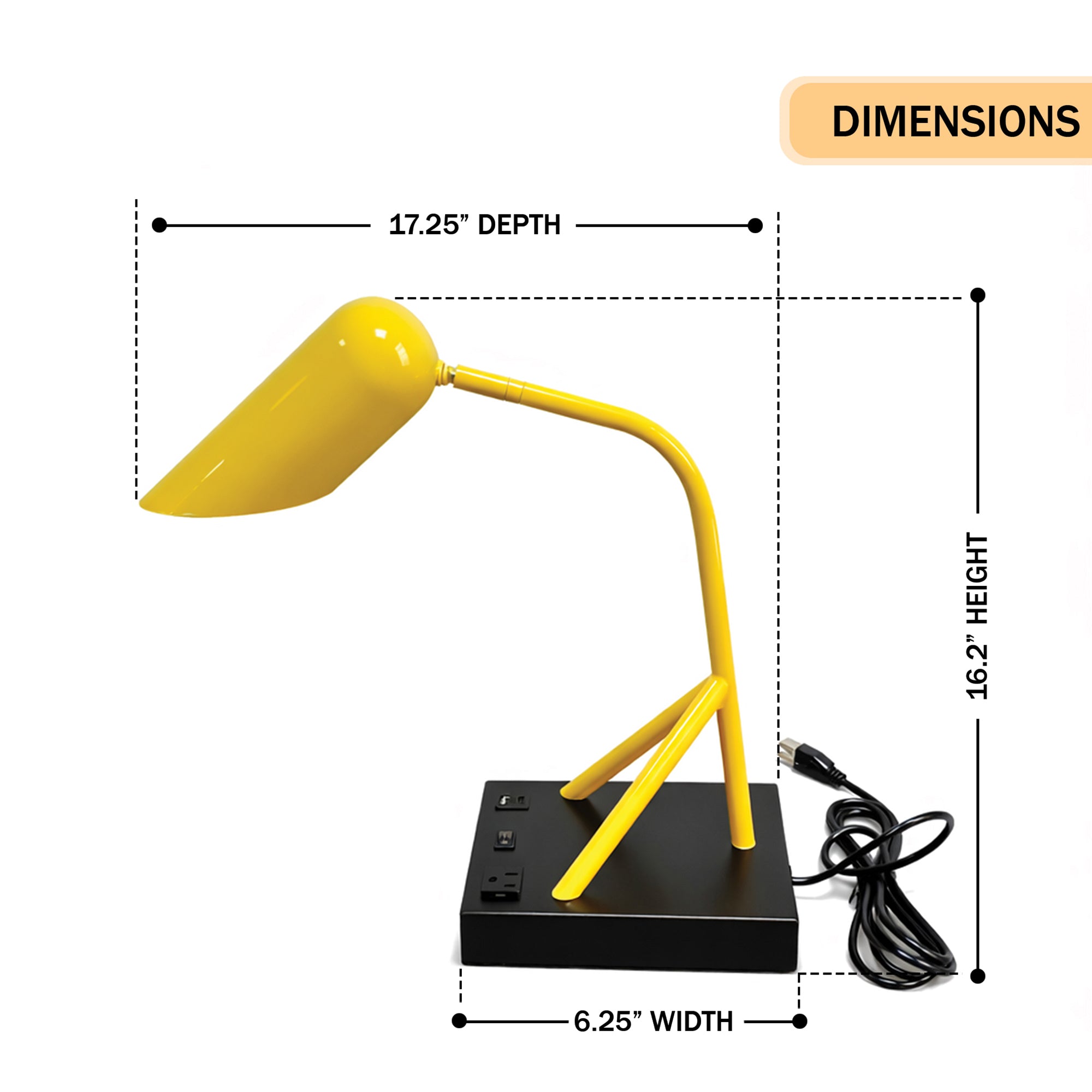 6.25″W x 16.2″H Black/Yellow Table Lamp with E12 Socket, Outlet, and USB Ports