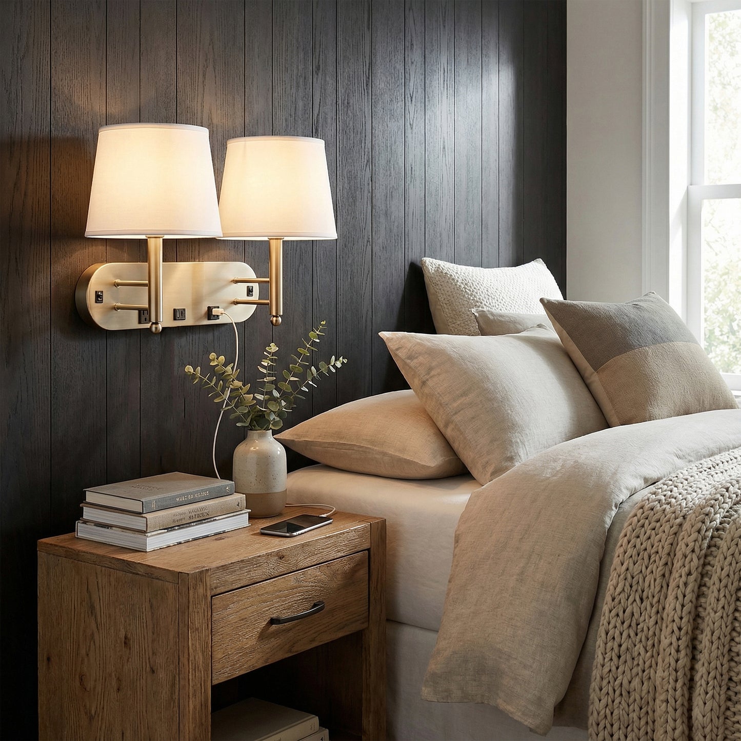 24"W x 16"H Double Wall Lamp with White Linen Shades – Plated Brushed Nickel Finish - 2 Pack