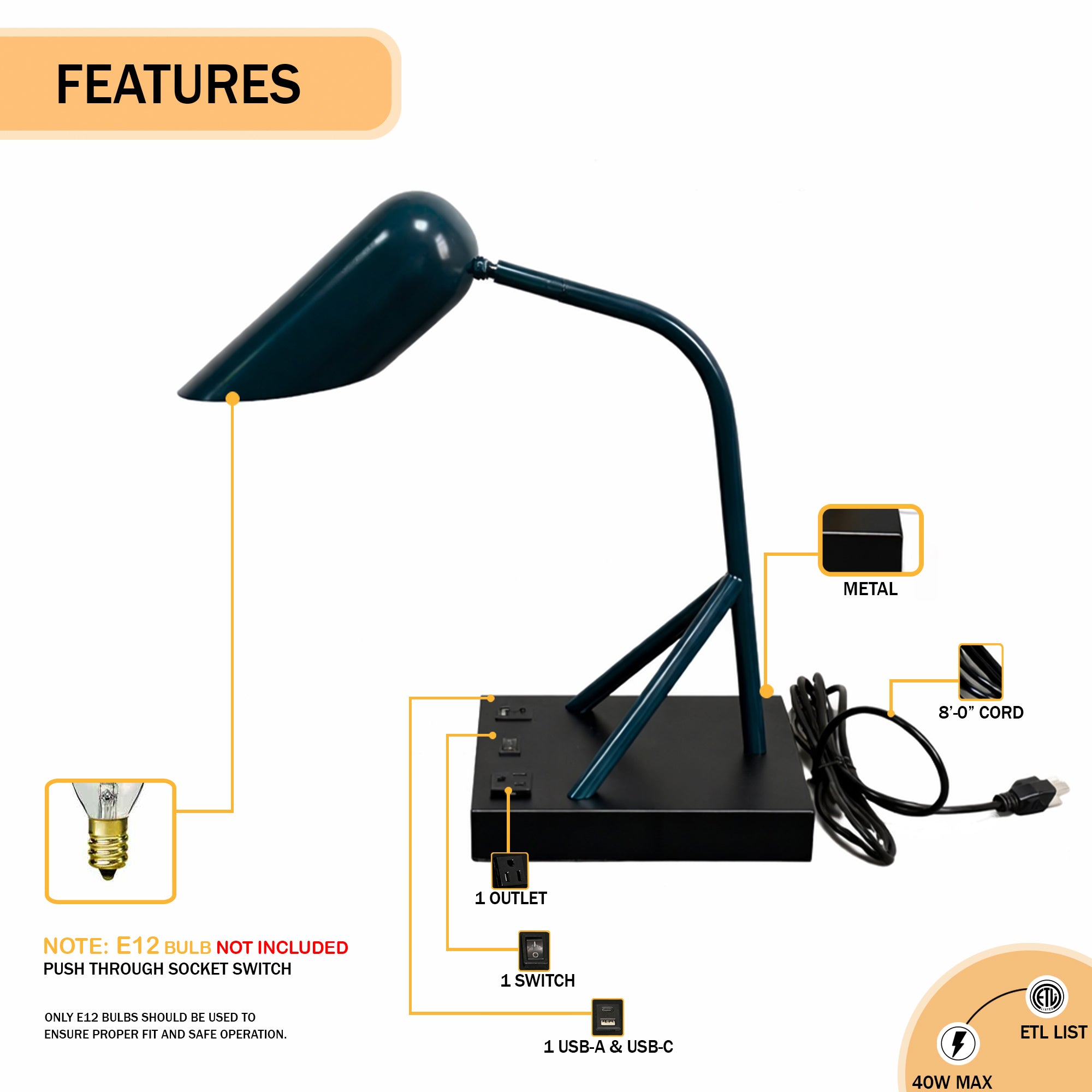 6.25″W x 16.2″H Black/Blue Table Lamp with E12 Socket, Outlet, and USB Ports