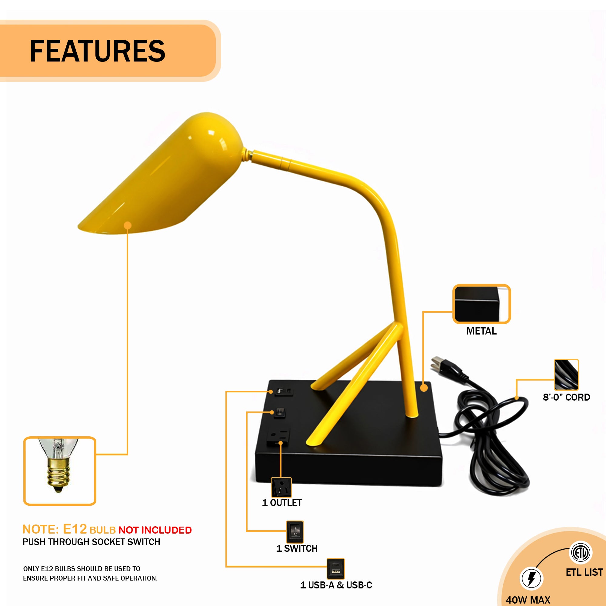 6.25″W x 16.2″H Black/Yellow Table Lamp with E12 Socket, Outlet, and USB Ports