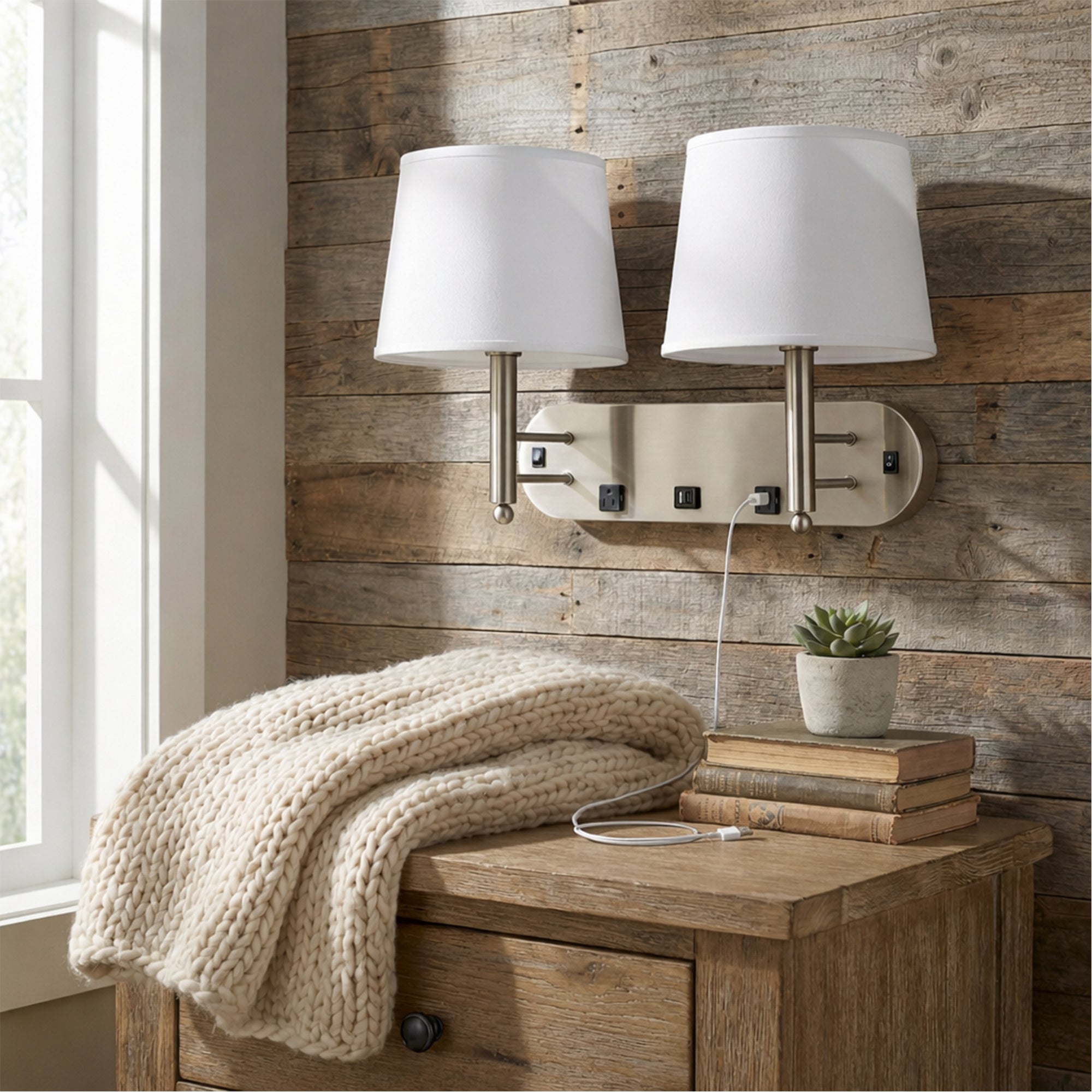 24"W x 16"H Double Wall Lamp with White Linen Shades – Plated Brushed Nickel Finish - 2 Pack