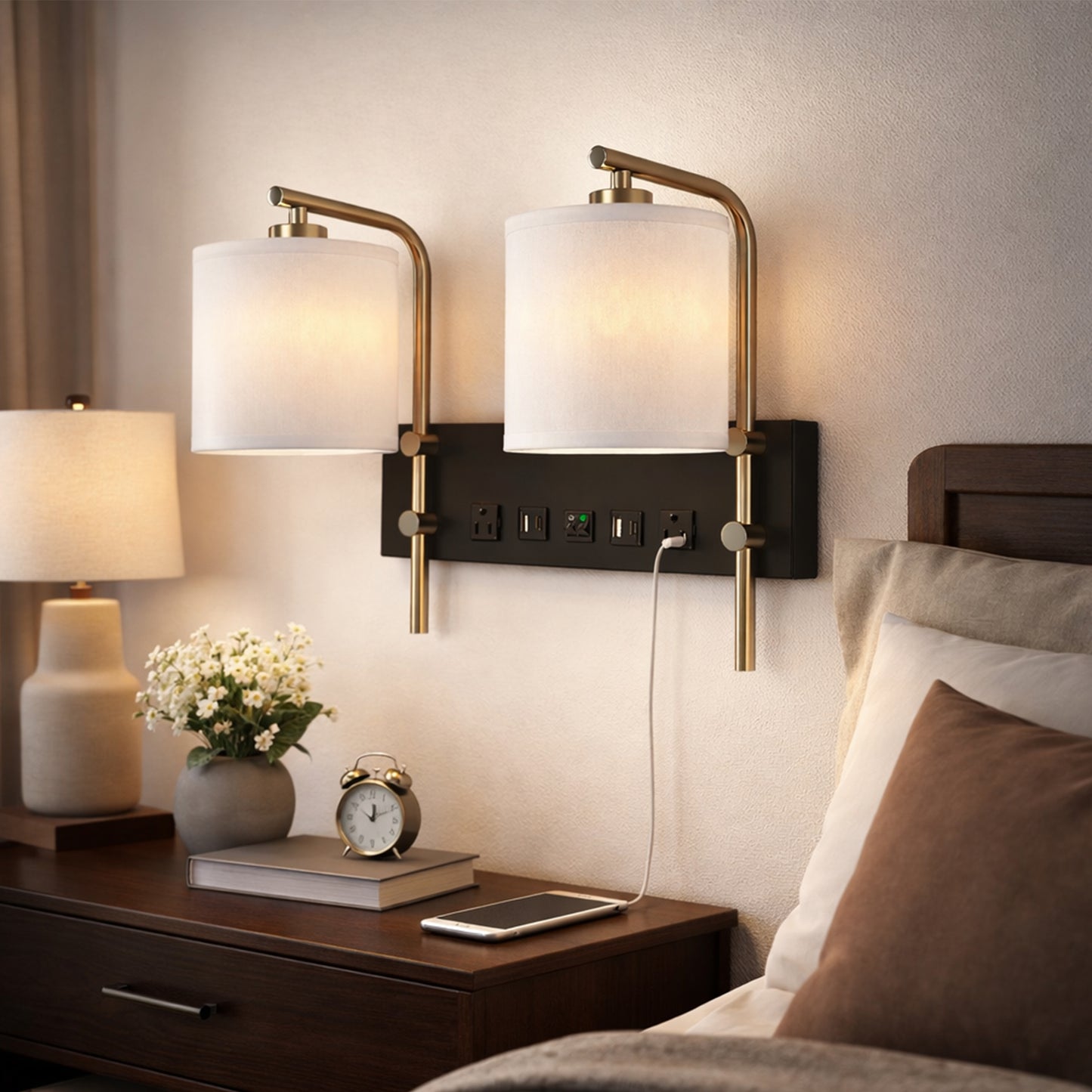 17.5″W x 13″H Double Wall Lamp with White Linen Shades – Matte Black or Brushed Nickel Finish - 2 Pack