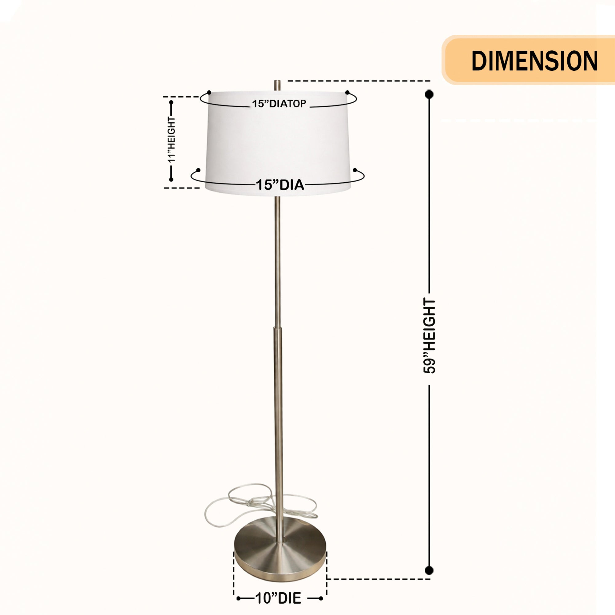 15" Dia x 59"H Modern Floor Lamp with White Linen Shade – Brushed Nickel Finish - 2 Pack