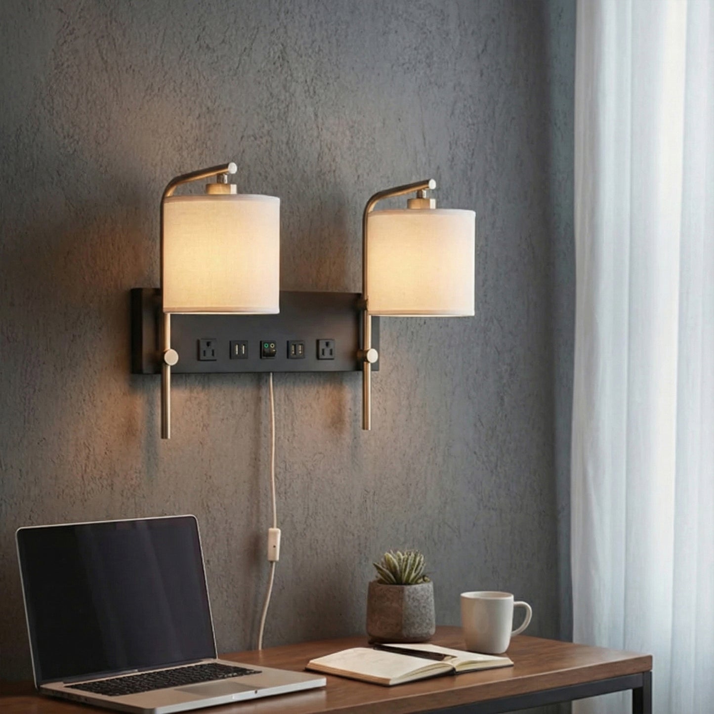 17.5″W x 13″H Double Wall Lamp with White Linen Shades – Matte Black or Brushed Nickel Finish - 2 Pack