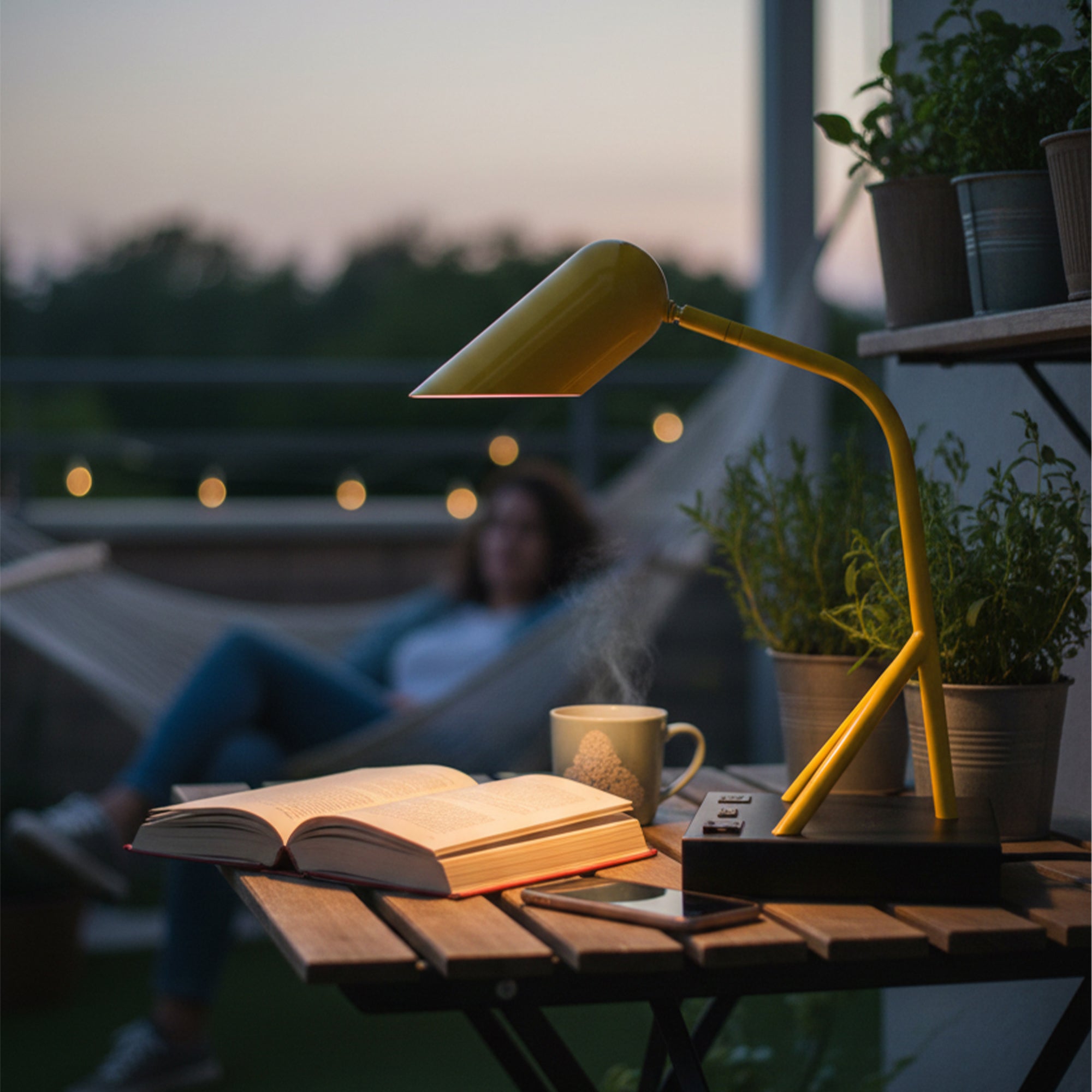 6.25″W x 16.2″H Black/Yellow Table Lamp with E12 Socket, Outlet, and USB Ports