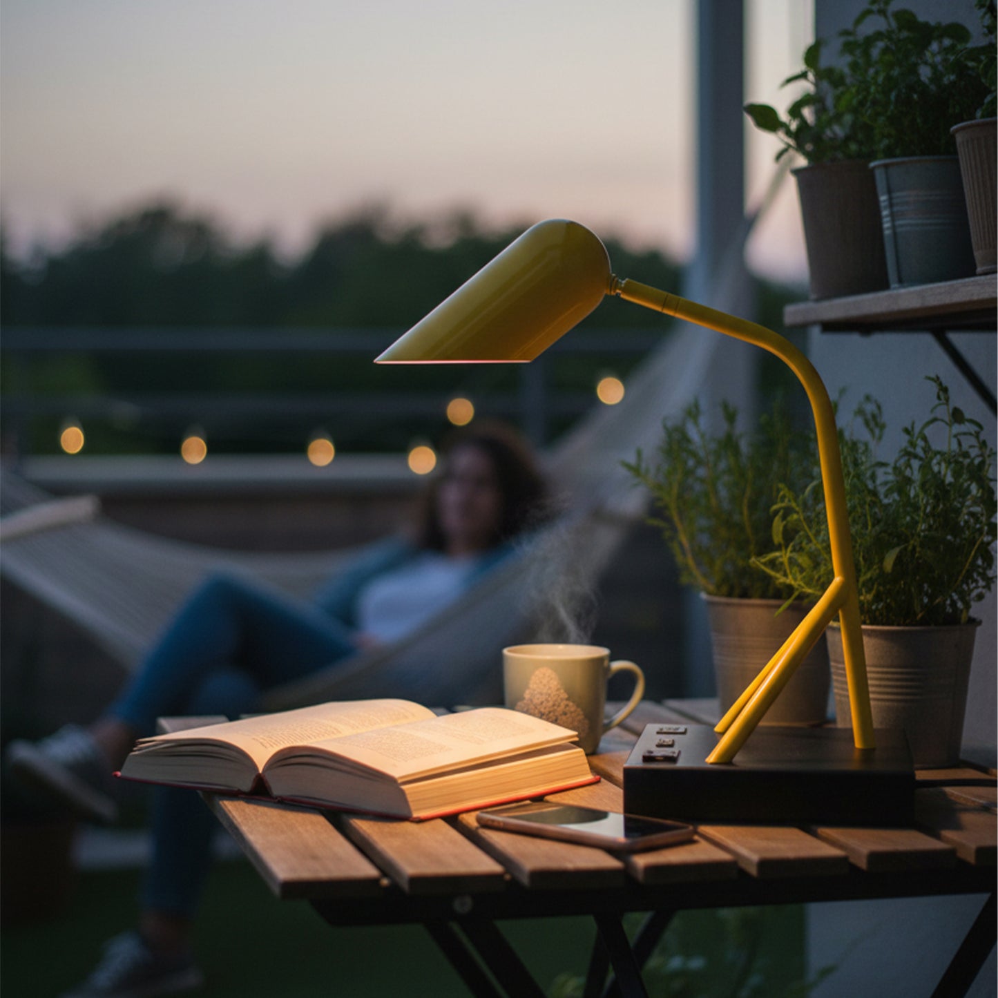6.25″W x 16.2″H Black/Yellow Table Lamp with E12 Socket, Outlet, and USB Ports