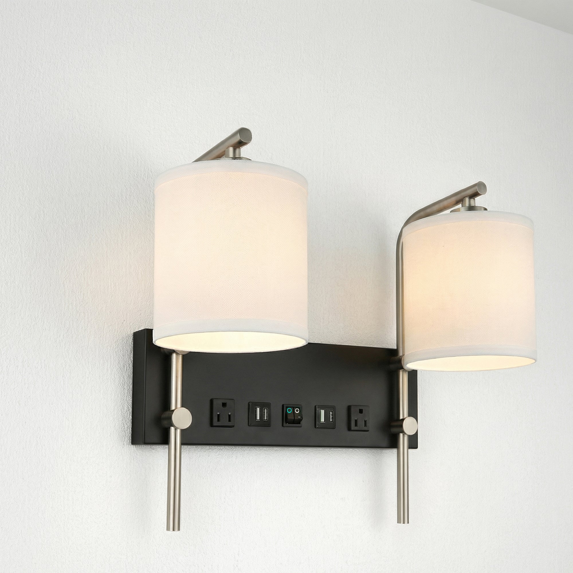 17.5″W x 13″H Double Wall Lamp with White Linen Shades – Matte Black or Brushed Nickel Finish - 2 Pack