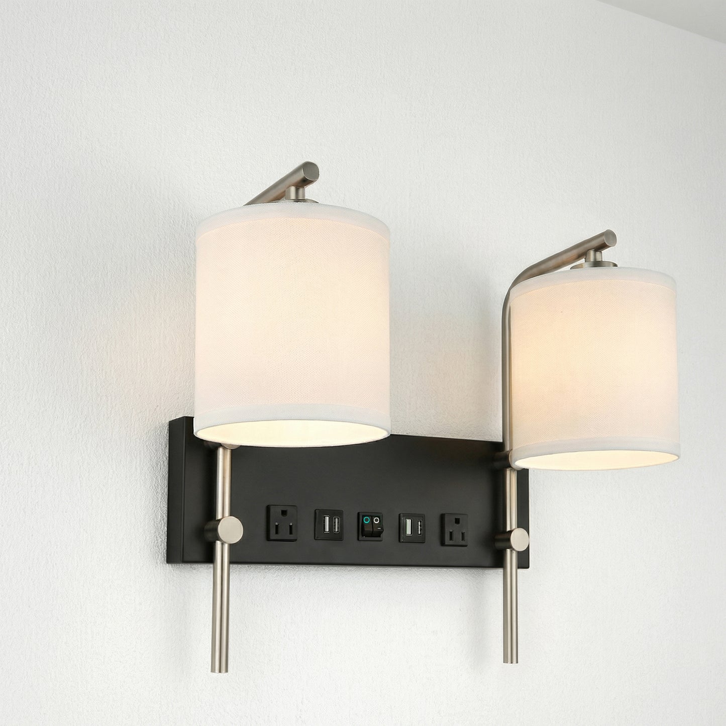 17.5″W x 13″H Double Wall Lamp with White Linen Shades – Matte Black or Brushed Nickel Finish - 2 Pack