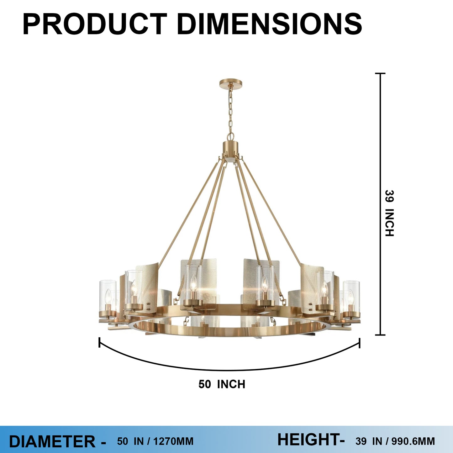 12-Light Ring Chandelier Ceiling Light in Brass Finish with Clear Glass, 120V, Bulb Type B10, Socket Type E12, Max wattage Per Socket 60W - 50“D x 39”H