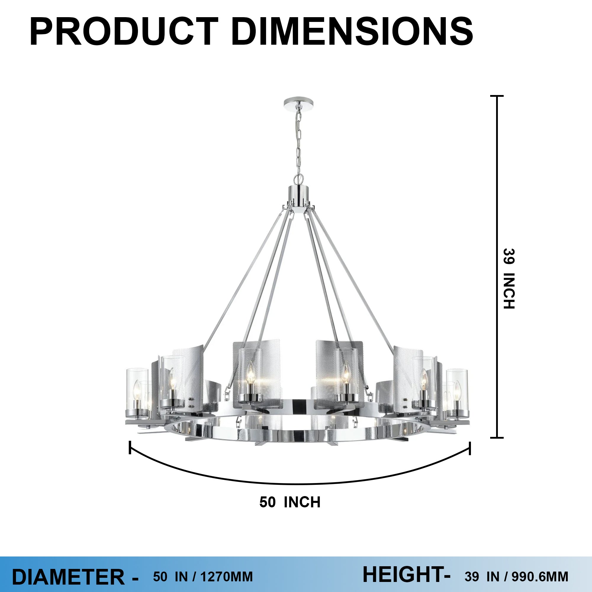 12-Light Ring Chandelier Ceiling Light in Chrome Finish with Clear Glass, Diam 50" Height 39", 120V, Bulb Type B10, Socket Type E12, Max wattage Per Socket 60W