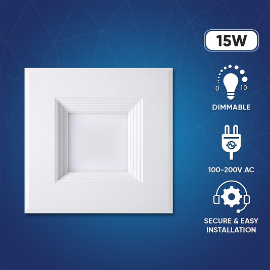 6" Square LED Downlight, 15W, 5CCT Changeable 2700K/3000K/3500K/4000K/5000K, 120V AC, Baffle Aluminum Trim, Damp Location