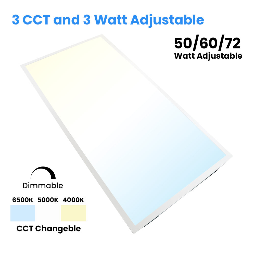 2 ft. x 4 ft. LED Flat Panel Light 50W/60W/72W Wattage Adjustable, 4000k/5000K/6500K CCT Changeable, Dip Switch, 0-10V Dim, 120-277V, ETL, DLC 5.1, Recessed Back-lit Fixture