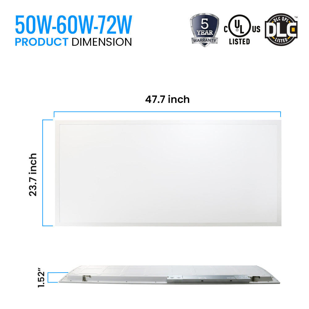2 ft. x 4 ft. LED Flat Panel Light 50W/60W/72W Wattage Adjustable, 4000k/5000K/6500K CCT Changeable, Dip Switch, 0-10V Dim, 120-277V, ETL, DLC 5.1, Recessed Back-lit Fixture