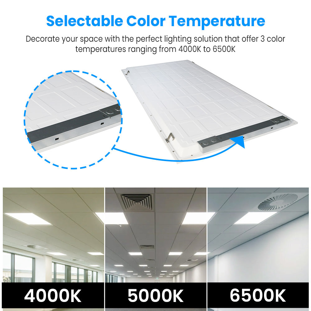 2 ft. x 4 ft. LED Flat Panel Light 50W/60W/72W Wattage Adjustable, 4000k/5000K/6500K CCT Changeable, Dip Switch, 0-10V Dim, 120-277V, ETL, DLC 5.1, Recessed Back-lit Fixture