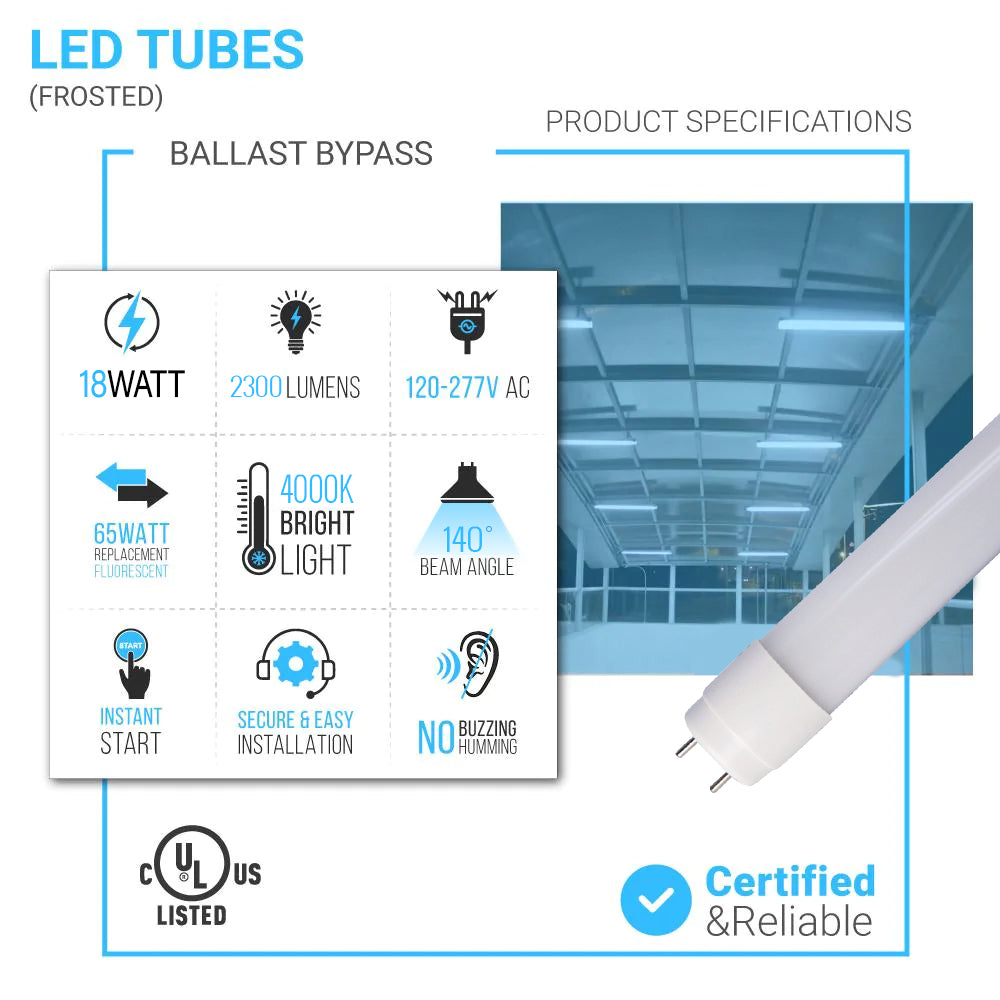 T8 4ft LED Tube/Bulb - 18W 4000K 2300LM AC120-277V, UL Type B, Dimmable, Frosted, G13 Base, Single & Double End Power - Ballast Bypass