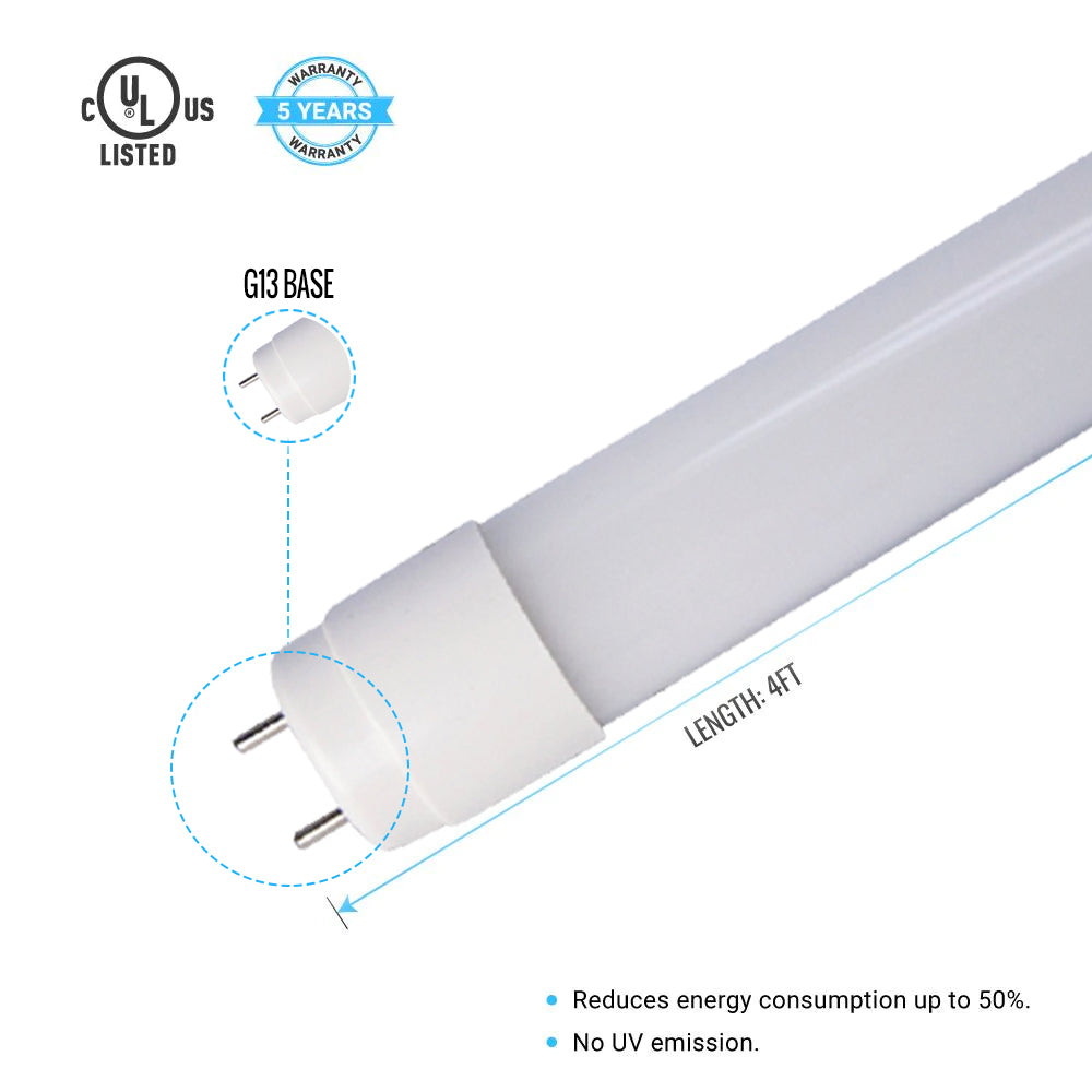 T8 4ft LED Tube/Bulb - 18W 4000K 2300LM AC120-277V, UL Type B, Dimmable, Frosted, G13 Base, Single & Double End Power - Ballast Bypass