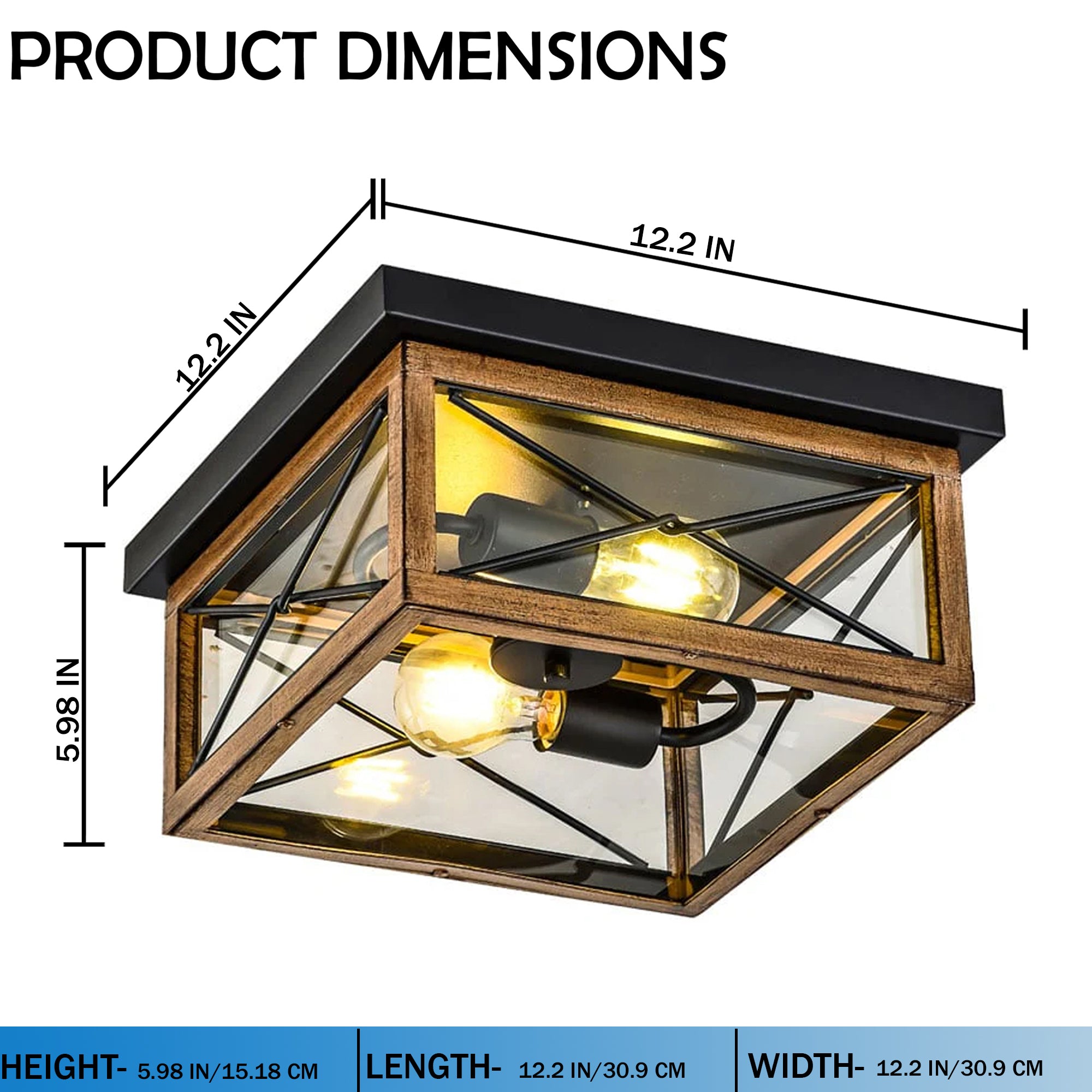 2-Lights Indoor Outdoor Flush Mount Ceiling Lamp Farmhouse Close to Ceiling Light Fixtures with Wood Texture Finish for Kitchen Dining Room Bedroom Porch Hallway Entryway - 12.2"L x 12.2"W x 5.98"H