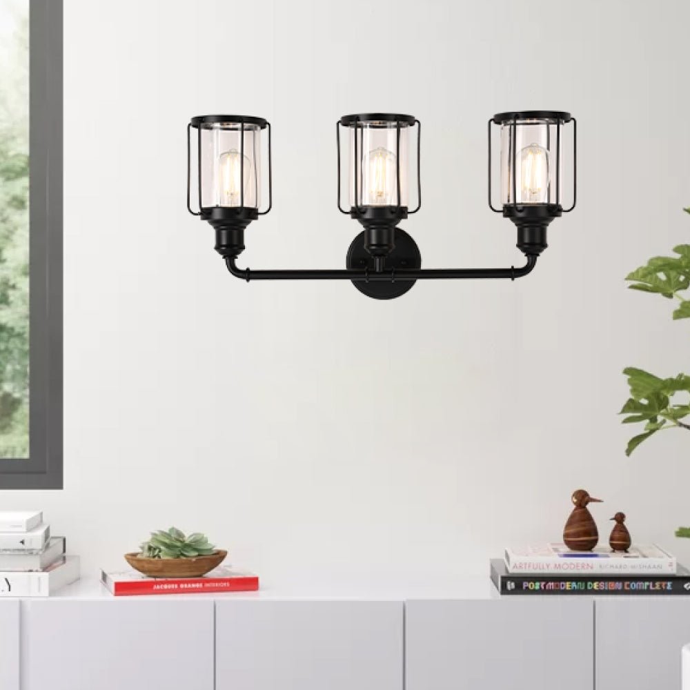 Birdcage Shape Bathroom Light Fixtures, Wall Mount, Matte Black with Clear Glass Shade, 1 - Light/2 - Light/3 - Light, E26 Base, For Damp Locations, Vanity Lighting - LEDMyPlace