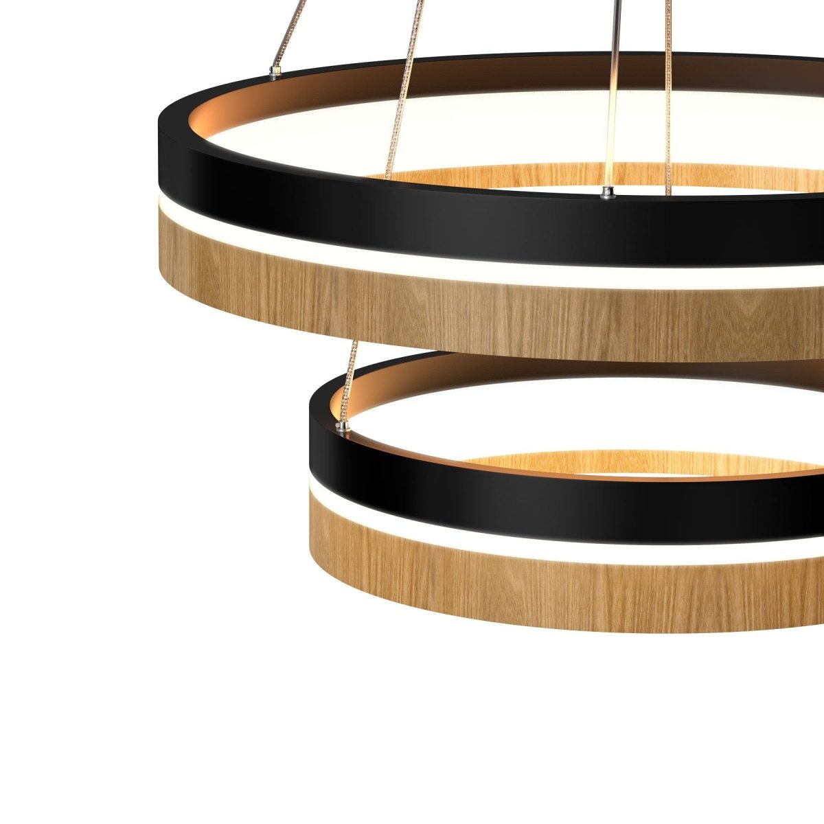 Double Circle Chandelier, 78W, 3000K, 1501 Lumens, Wooden + Matte Black Chandelier, Dimmable Pendant Fixture - LEDMyPlace