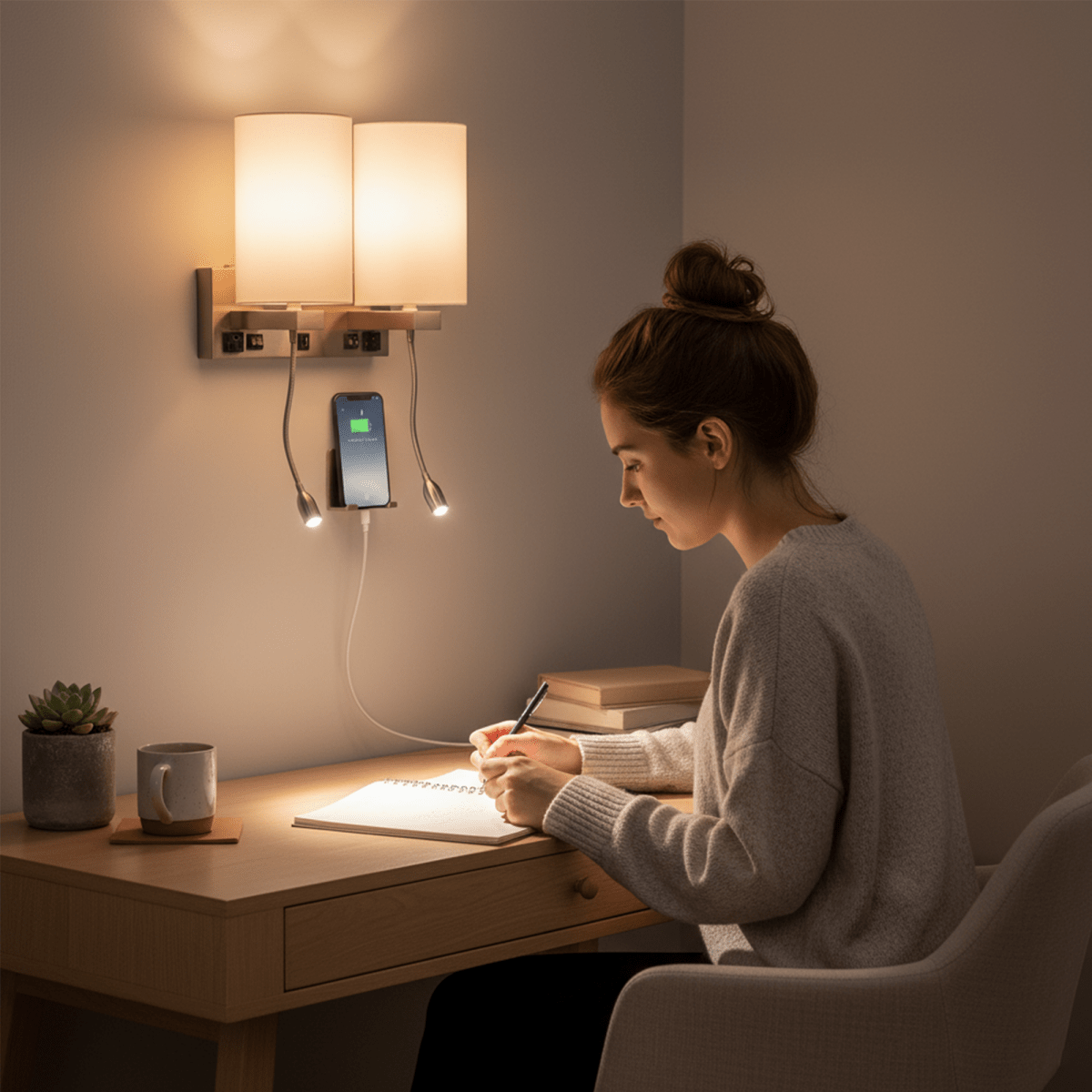 Double Head Acrylic Wall Sconce, Brushed Nickel Finish, With LED 2*1W, 1 USB, 2 Switches & 2 outlet, Bedside Wall Lights with Reading Lamp, for Bedroom Living Room Hotels - LEDMyPlace