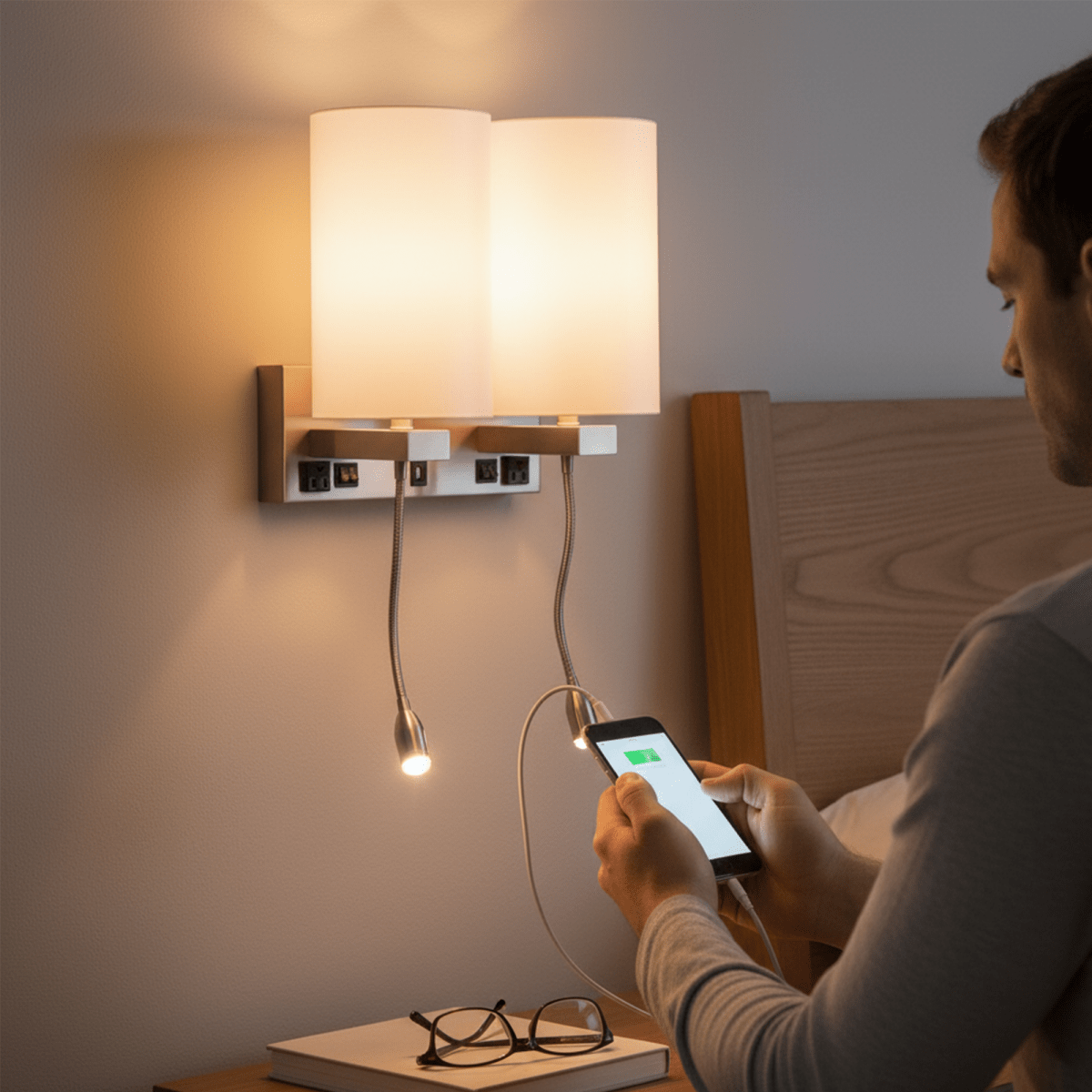 Double Head Acrylic Wall Sconce, Brushed Nickel Finish, With LED 2*1W, 1 USB, 2 Switches & 2 outlet, Bedside Wall Lights with Reading Lamp, for Bedroom Living Room Hotels - LEDMyPlace